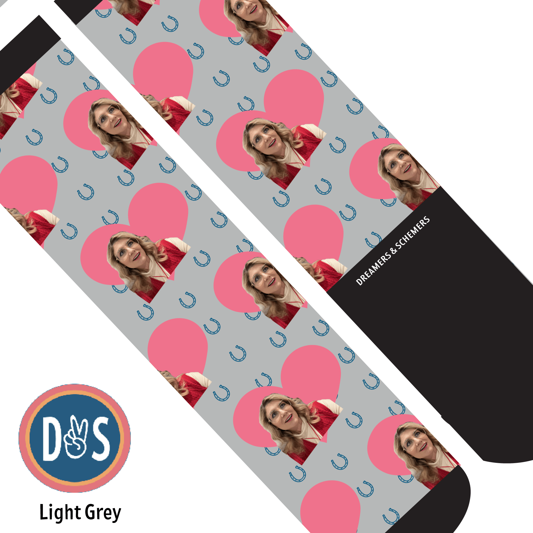 Custom AL Custom Socks Adult / Light Grey Custom Heart with Blue Horseshoes Socks 1 Photo equestrian boot socks boot socks thin socks riding socks pattern socks tall socks funny socks knee high socks horse socks horse show socks