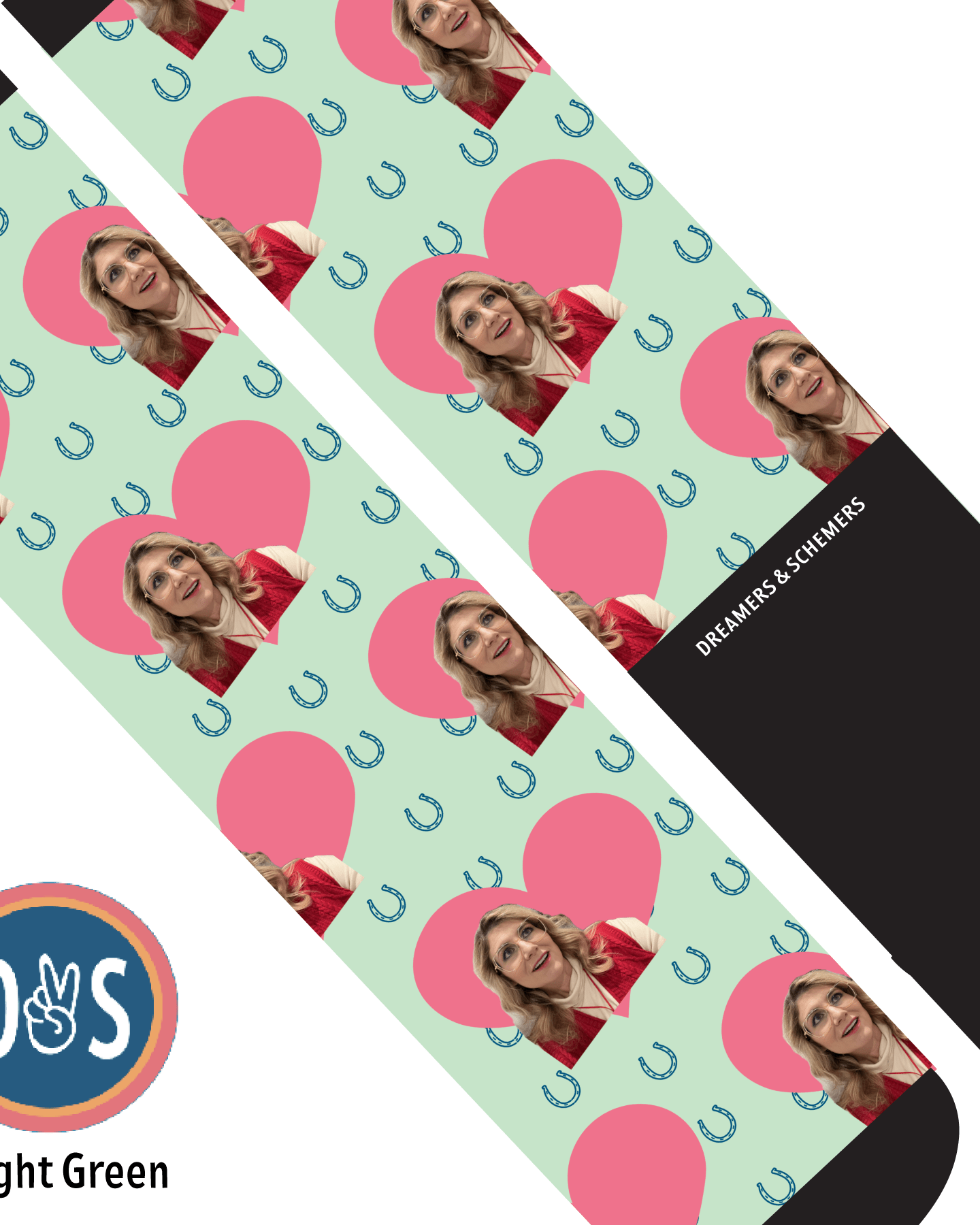 Custom AL Custom Socks Adult / Light Green Custom Heart with Blue Horseshoes Socks 1 Photo equestrian boot socks boot socks thin socks riding socks pattern socks tall socks funny socks knee high socks horse socks horse show socks