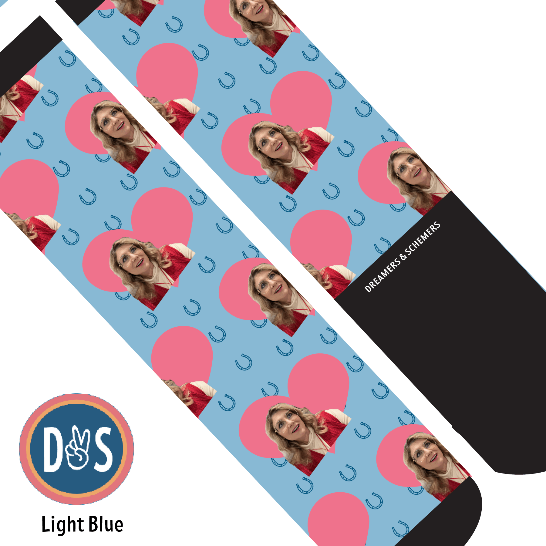 Custom AL Custom Socks Adult / Light Blue Custom Heart with Blue Horseshoes Socks 1 Photo equestrian boot socks boot socks thin socks riding socks pattern socks tall socks funny socks knee high socks horse socks horse show socks