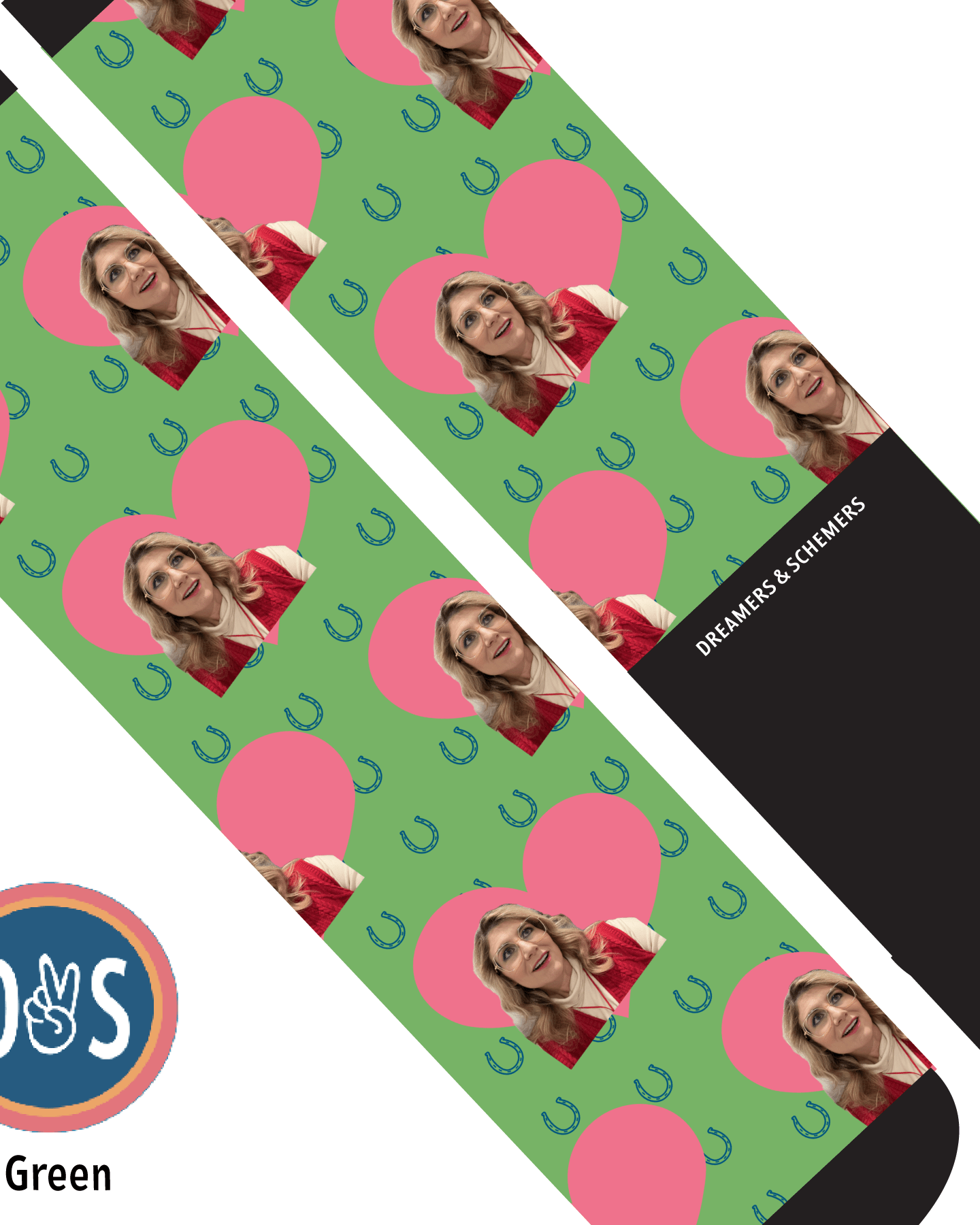 Custom AL Custom Socks Adult / Green Custom Heart with Blue Horseshoes Socks 1 Photo equestrian boot socks boot socks thin socks riding socks pattern socks tall socks funny socks knee high socks horse socks horse show socks