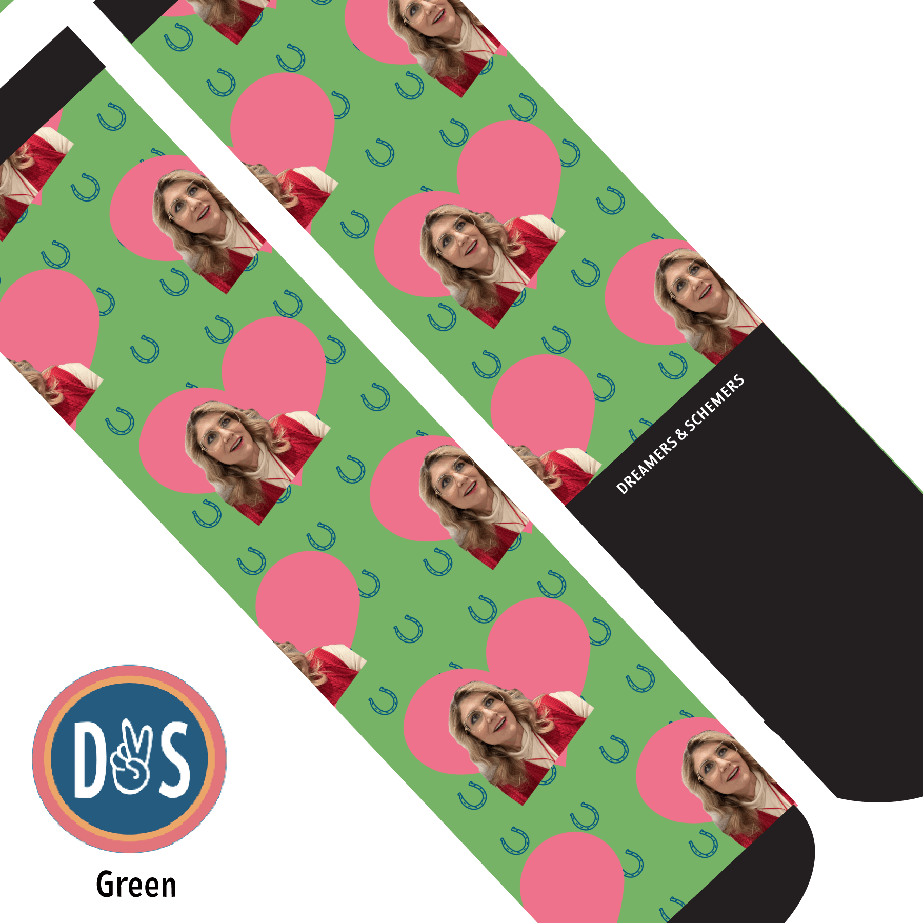 Custom AL Custom Socks Adult / Green Custom Heart with Blue Horseshoes Socks 1 Photo equestrian boot socks boot socks thin socks riding socks pattern socks tall socks funny socks knee high socks horse socks horse show socks