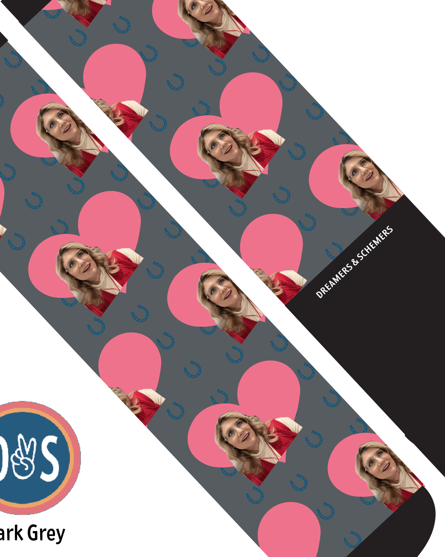 Custom AL Custom Socks Adult / Dark Grey Custom Heart with Blue Horseshoes Socks 1 Photo equestrian boot socks boot socks thin socks riding socks pattern socks tall socks funny socks knee high socks horse socks horse show socks