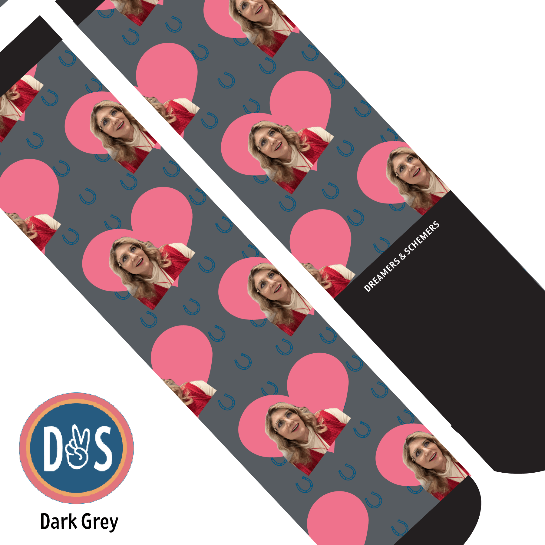 Custom AL Custom Socks Adult / Dark Grey Custom Heart with Blue Horseshoes Socks 1 Photo equestrian boot socks boot socks thin socks riding socks pattern socks tall socks funny socks knee high socks horse socks horse show socks