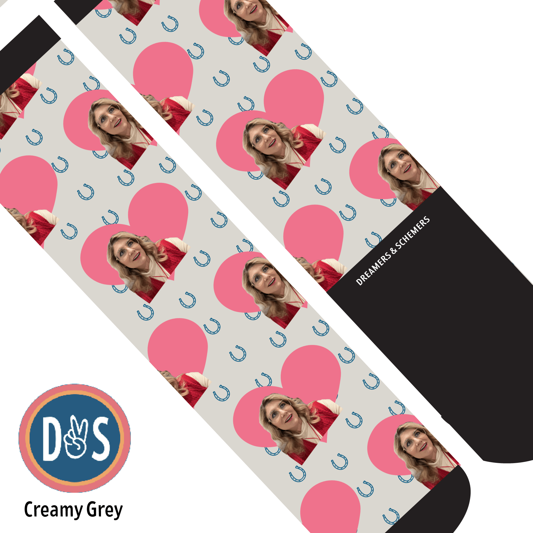 Custom AL Custom Socks Adult / Creamy Grey Custom Heart with Blue Horseshoes Socks 1 Photo equestrian boot socks boot socks thin socks riding socks pattern socks tall socks funny socks knee high socks horse socks horse show socks