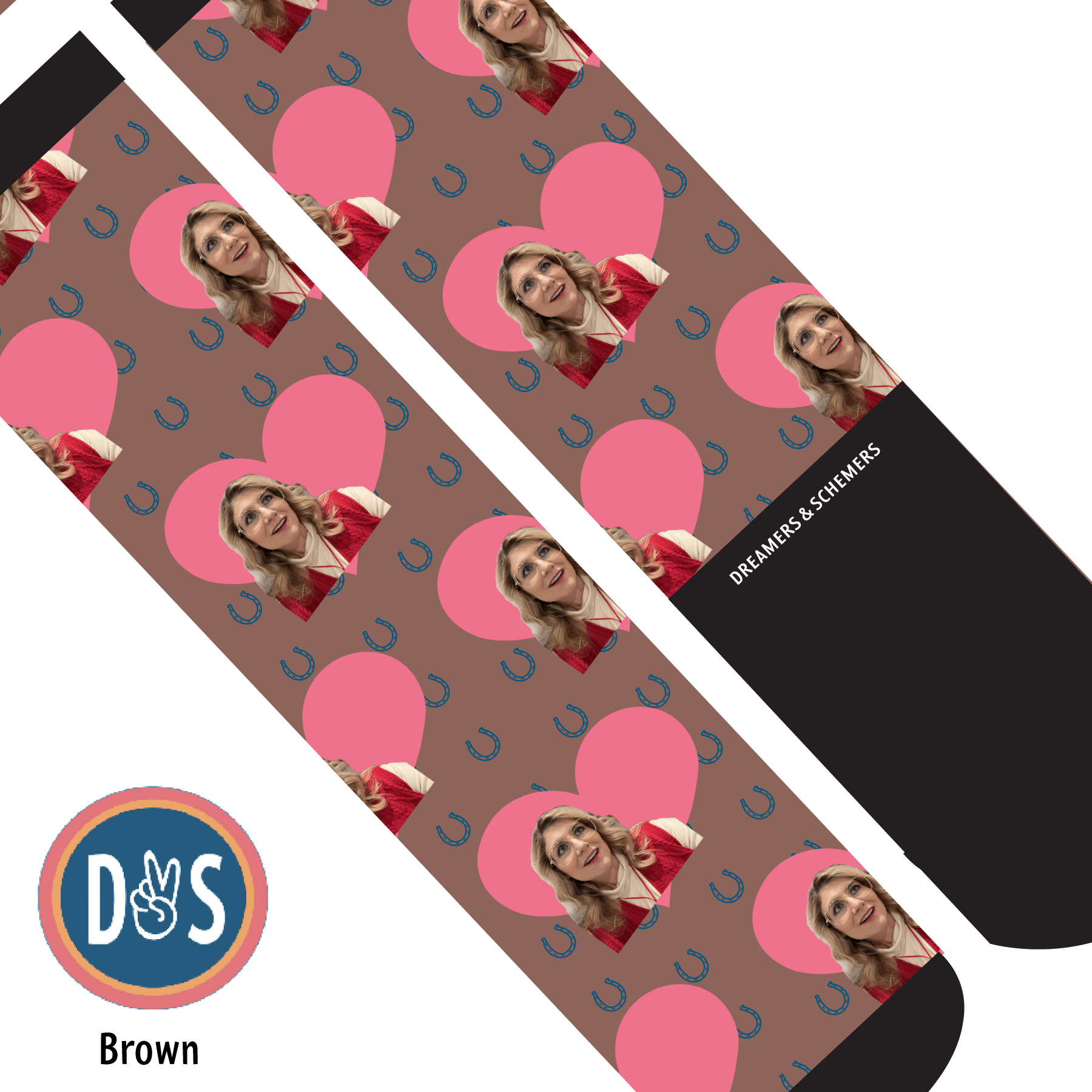 Custom AL Custom Socks Adult / Brown Custom Heart with Blue Horseshoes Socks 1 Photo equestrian boot socks boot socks thin socks riding socks pattern socks tall socks funny socks knee high socks horse socks horse show socks