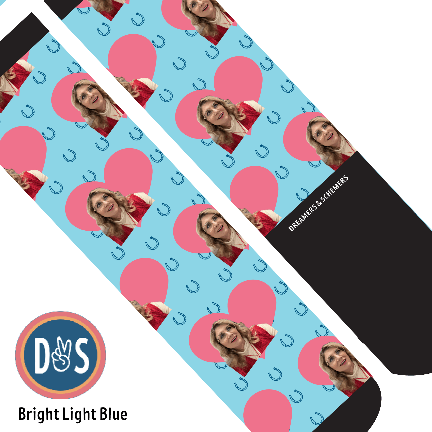 Custom AL Custom Socks Adult / Bright Light Blue Custom Heart with Blue Horseshoes Socks 1 Photo equestrian boot socks boot socks thin socks riding socks pattern socks tall socks funny socks knee high socks horse socks horse show socks