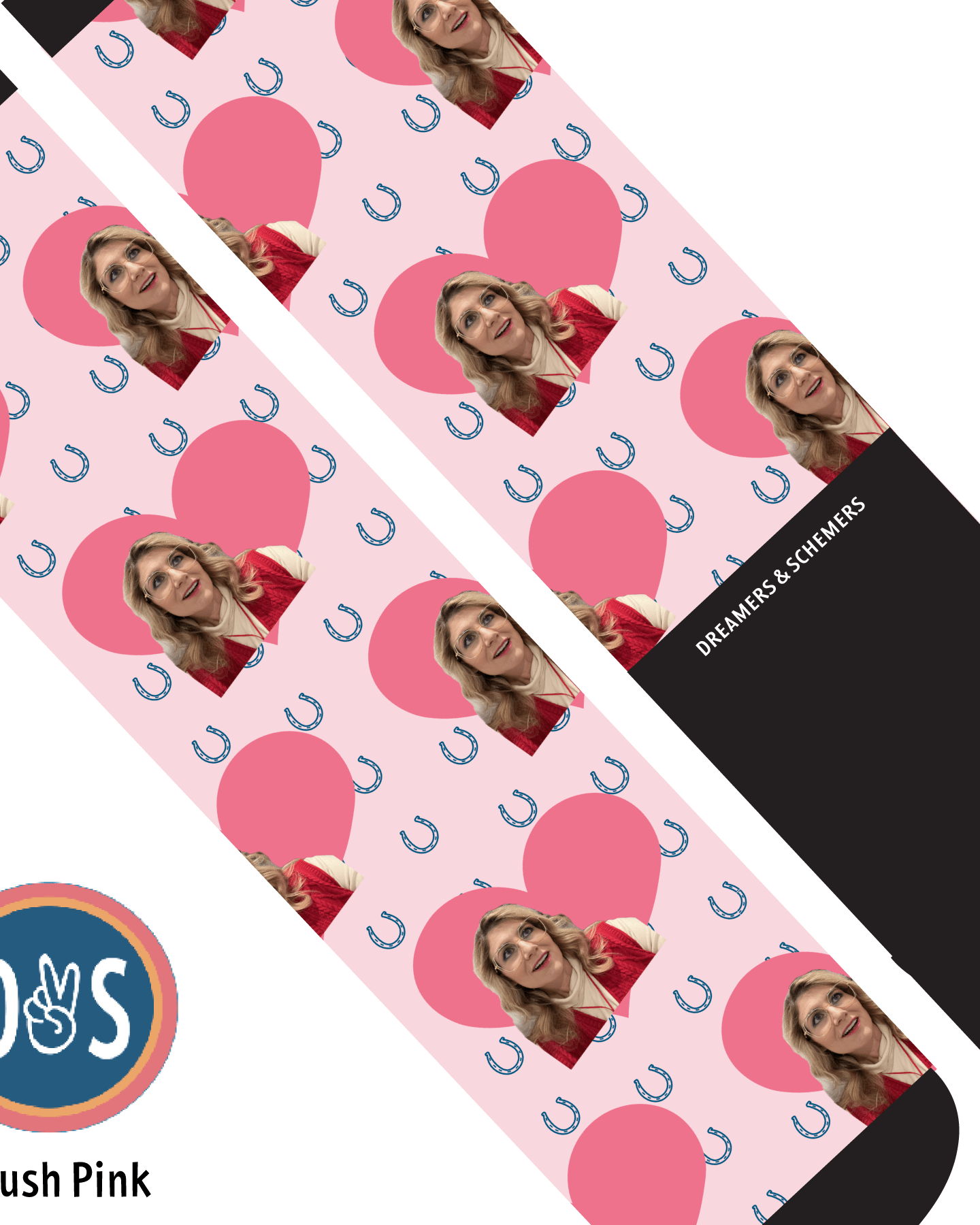 Custom AL Custom Socks Adult / Blush Pink Custom Heart with Blue Horseshoes Socks 1 Photo equestrian boot socks boot socks thin socks riding socks pattern socks tall socks funny socks knee high socks horse socks horse show socks