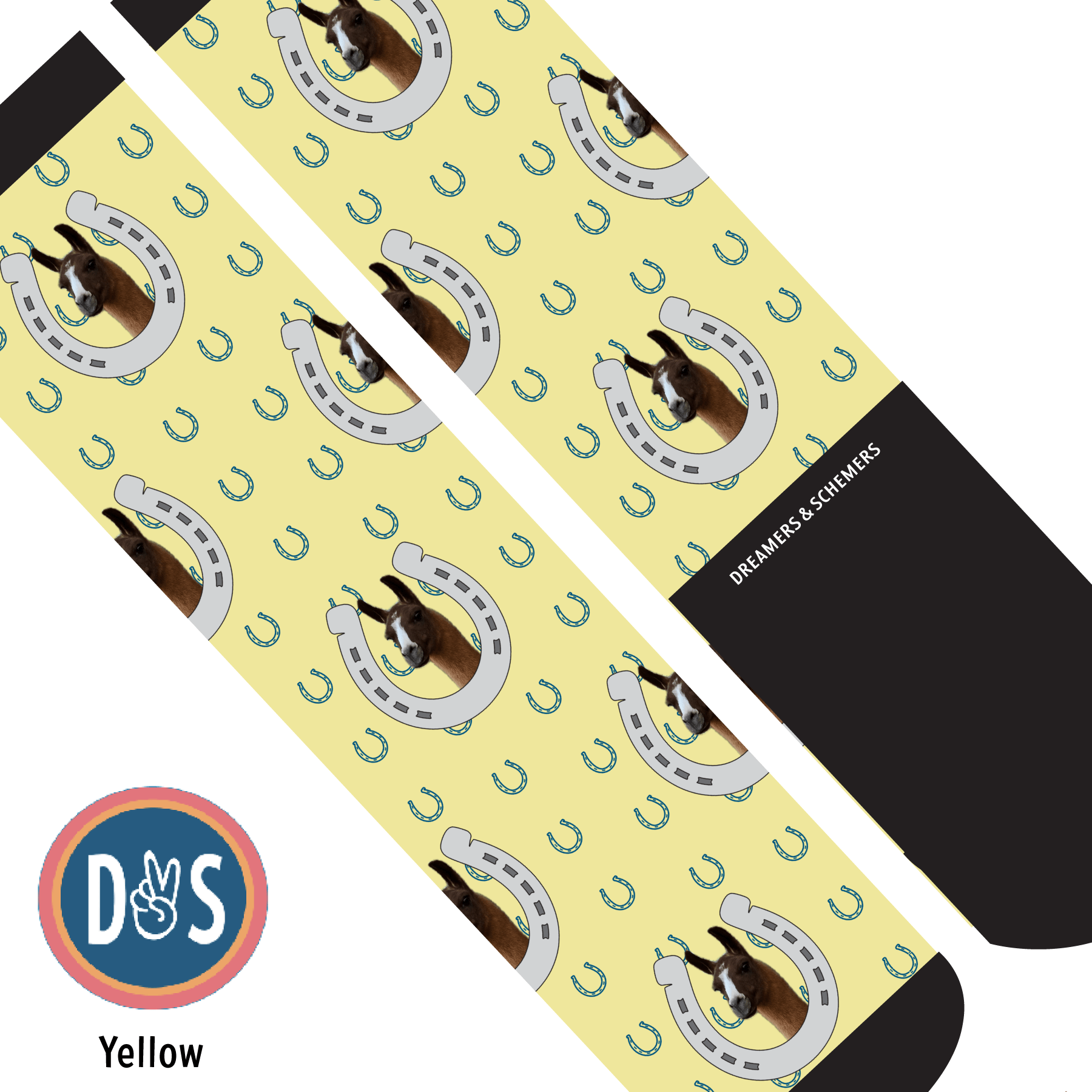 Custom AL Custom Socks Adult / Yellow Custom Horseshoe with Blue Horseshoes Socks 1 Photo equestrian boot socks boot socks thin socks riding socks pattern socks tall socks funny socks knee high socks horse socks horse show socks
