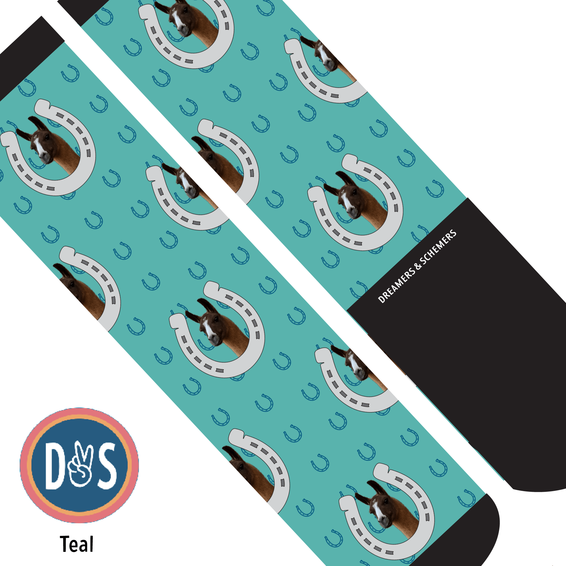 Custom AL Custom Socks Adult / Teal Custom Horseshoe with Blue Horseshoes Socks 1 Photo equestrian boot socks boot socks thin socks riding socks pattern socks tall socks funny socks knee high socks horse socks horse show socks