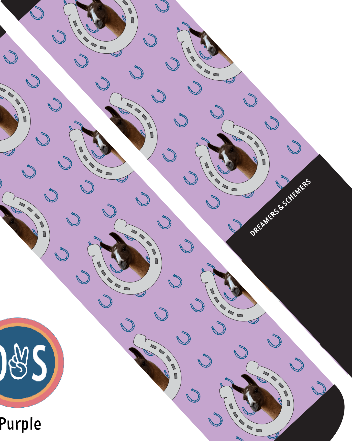 Custom AL Custom Socks Adult / Purple Custom Horseshoe with Blue Horseshoes Socks 1 Photo equestrian boot socks boot socks thin socks riding socks pattern socks tall socks funny socks knee high socks horse socks horse show socks