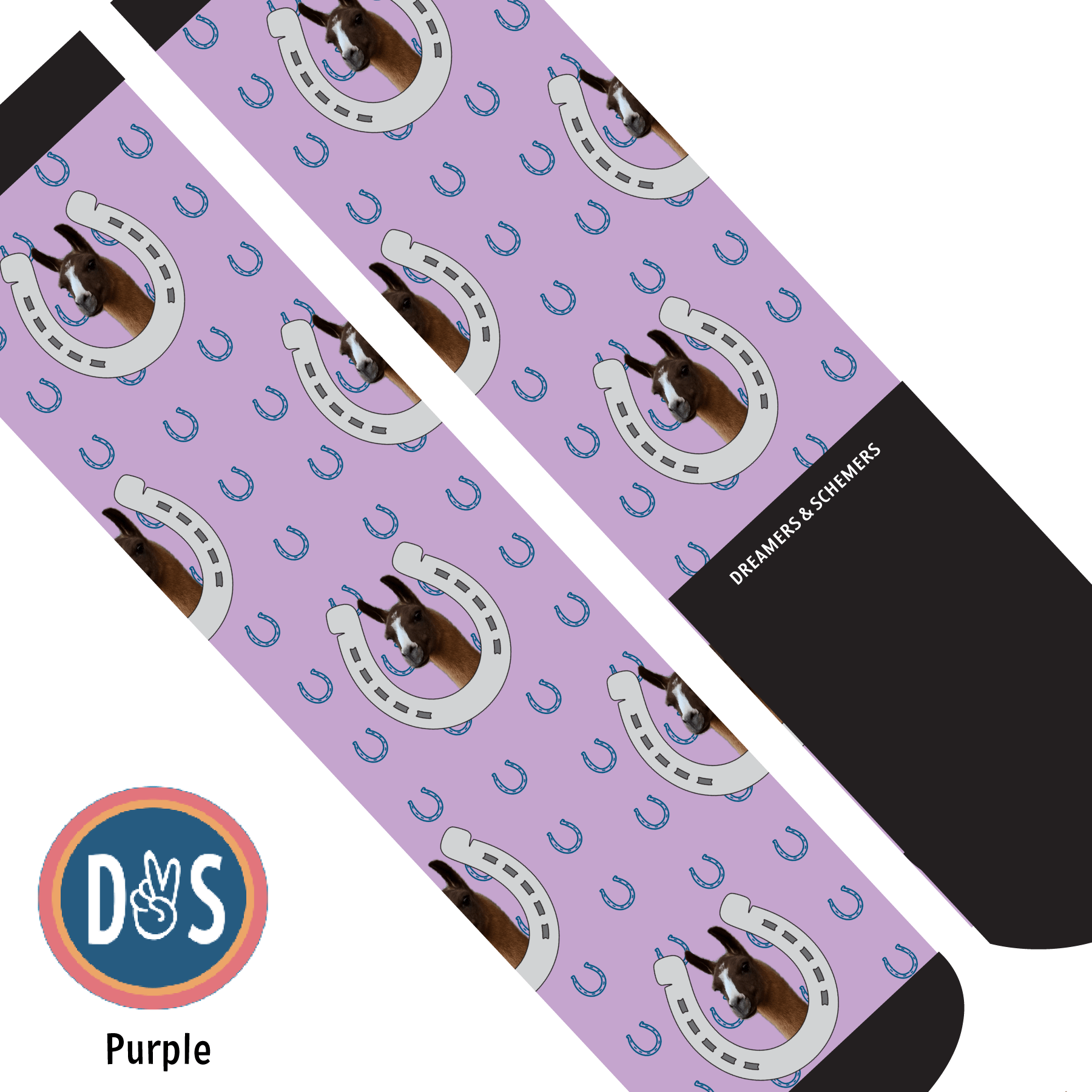 Horseshoe Bonanza custom photo equestrian boot socks, alternate angle, by Dreamers & Schemers