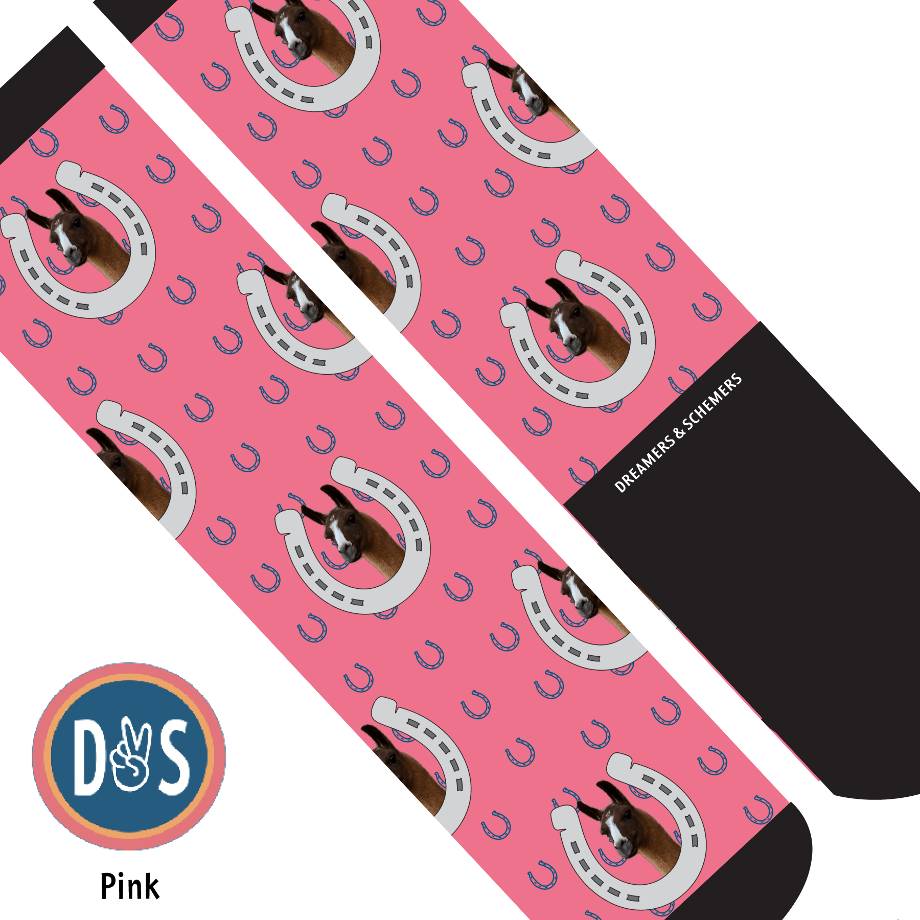 Custom AL Custom Socks Adult / Pink Custom Horseshoe with Blue Horseshoes Socks 1 Photo equestrian boot socks boot socks thin socks riding socks pattern socks tall socks funny socks knee high socks horse socks horse show socks