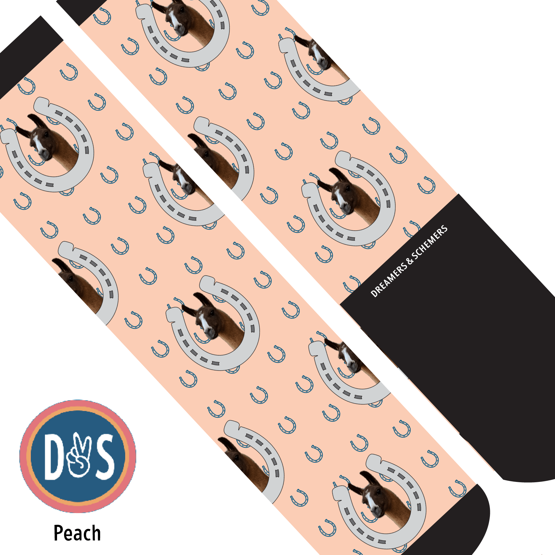 Custom AL Custom Socks Adult / Peach Custom Horseshoe with Blue Horseshoes Socks 1 Photo equestrian boot socks boot socks thin socks riding socks pattern socks tall socks funny socks knee high socks horse socks horse show socks