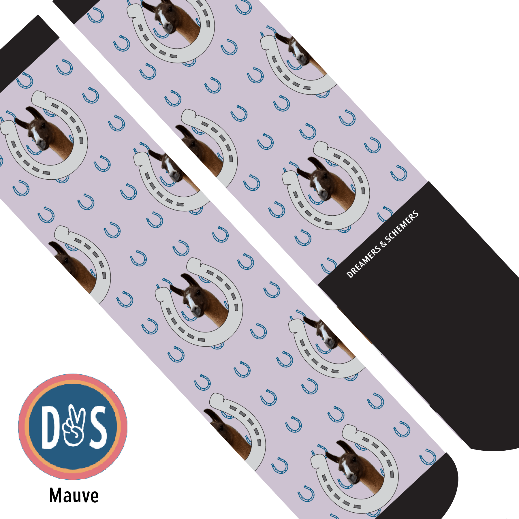 Custom AL Custom Socks Adult / Mauve Custom Horseshoe with Blue Horseshoes Socks 1 Photo equestrian boot socks boot socks thin socks riding socks pattern socks tall socks funny socks knee high socks horse socks horse show socks