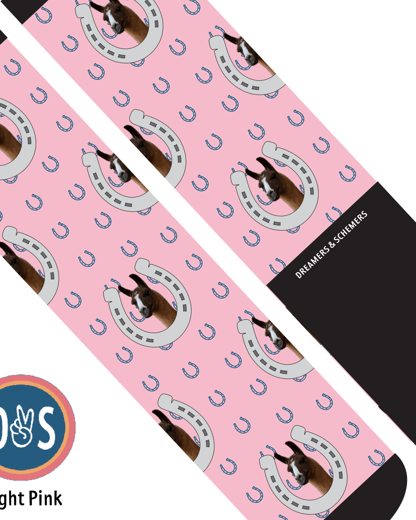 Custom AL Custom Socks Adult / Light Pink Custom Horseshoe with Blue Horseshoes Socks 1 Photo equestrian boot socks boot socks thin socks riding socks pattern socks tall socks funny socks knee high socks horse socks horse show socks