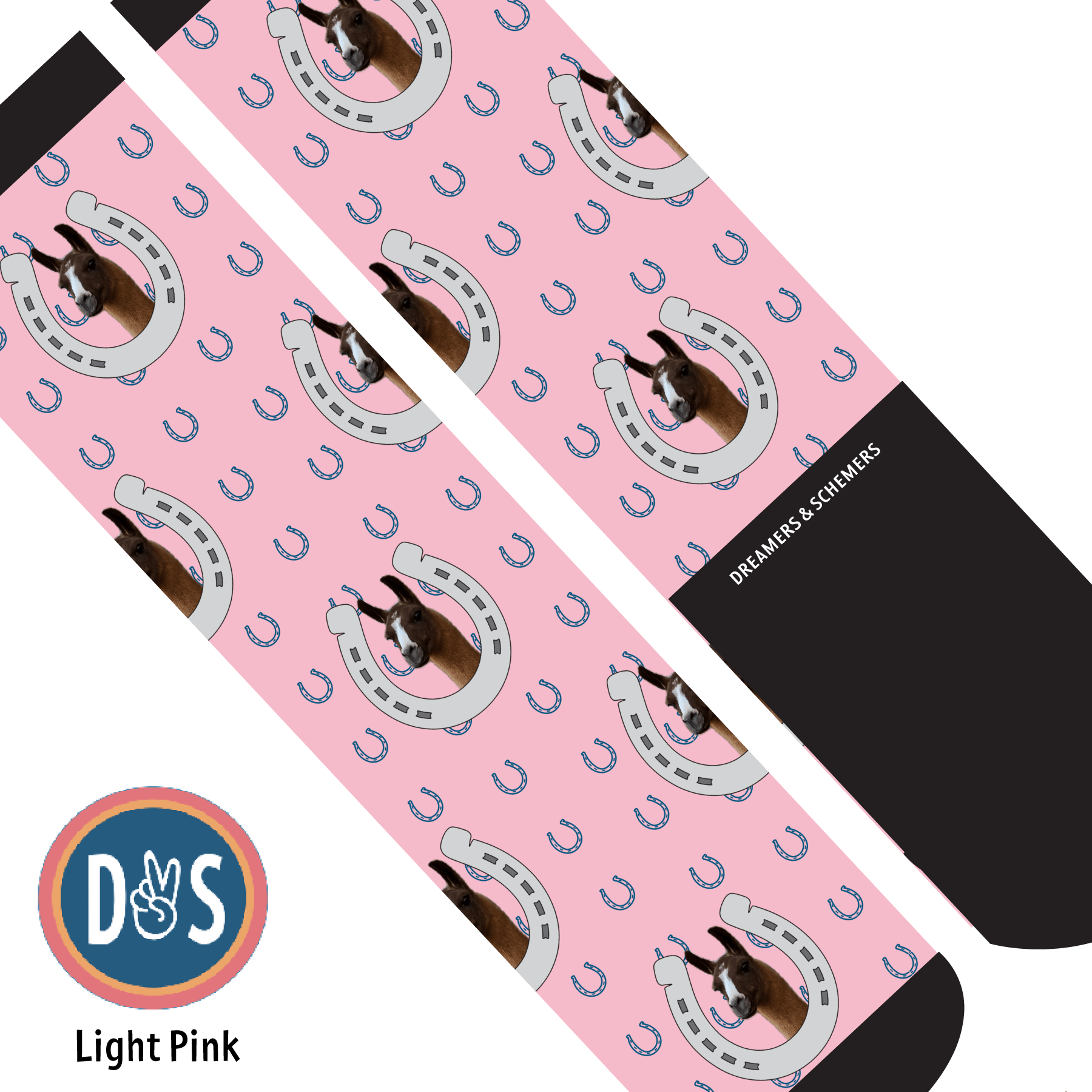 Custom AL Custom Socks Adult / Light Pink Custom Horseshoe with Blue Horseshoes Socks 1 Photo equestrian boot socks boot socks thin socks riding socks pattern socks tall socks funny socks knee high socks horse socks horse show socks