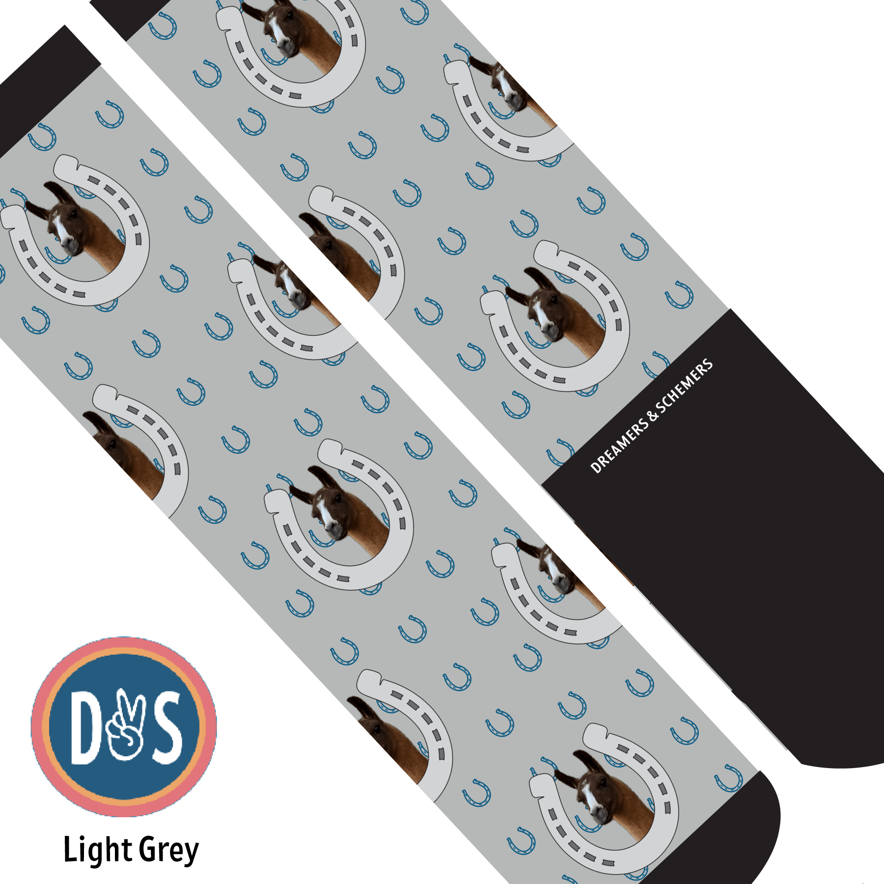 Custom AL Custom Socks Adult / Light Grey Custom Horseshoe with Blue Horseshoes Socks 1 Photo equestrian boot socks boot socks thin socks riding socks pattern socks tall socks funny socks knee high socks horse socks horse show socks