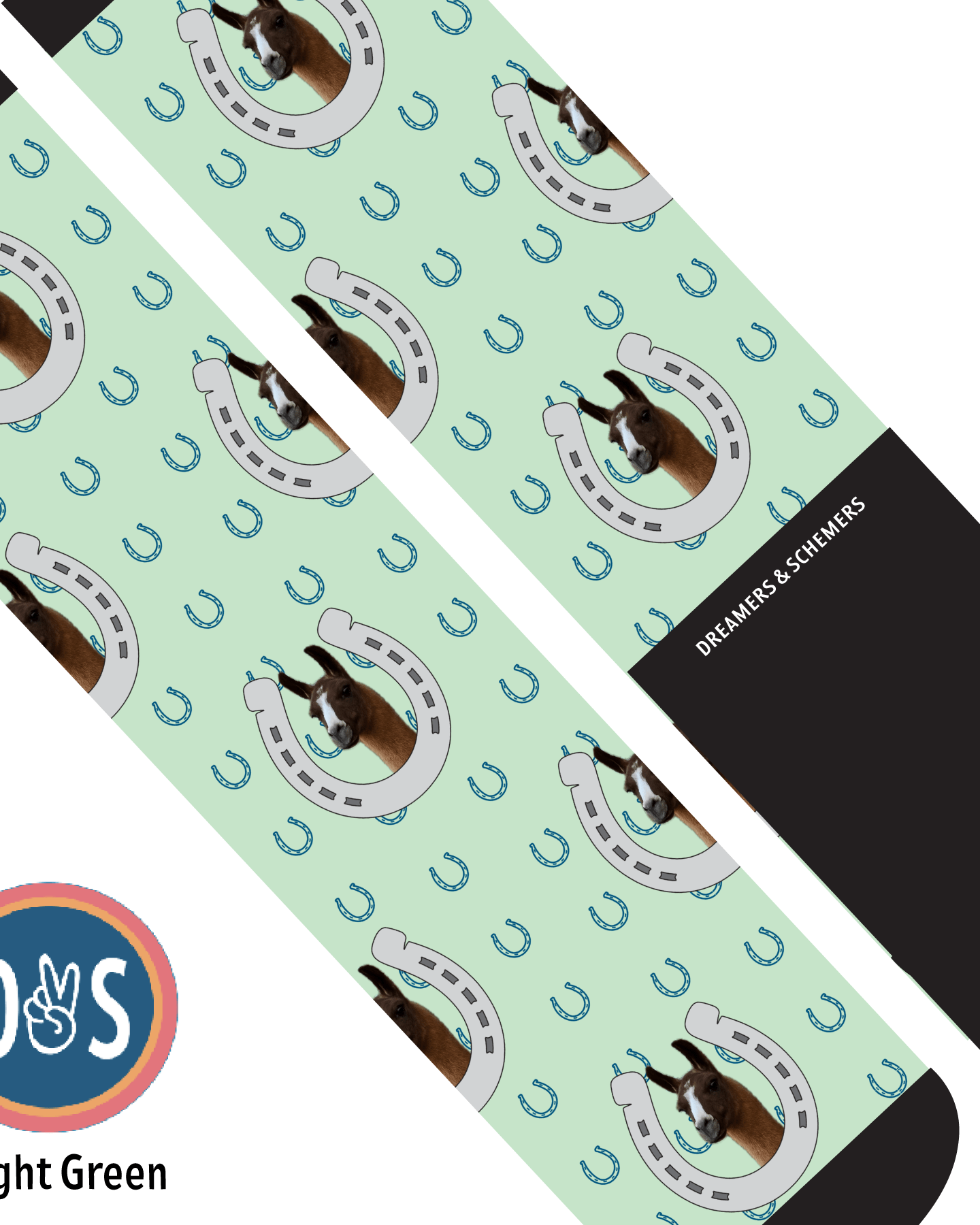 Custom AL Custom Socks Adult / Light Green Custom Horseshoe with Blue Horseshoes Socks 1 Photo equestrian boot socks boot socks thin socks riding socks pattern socks tall socks funny socks knee high socks horse socks horse show socks