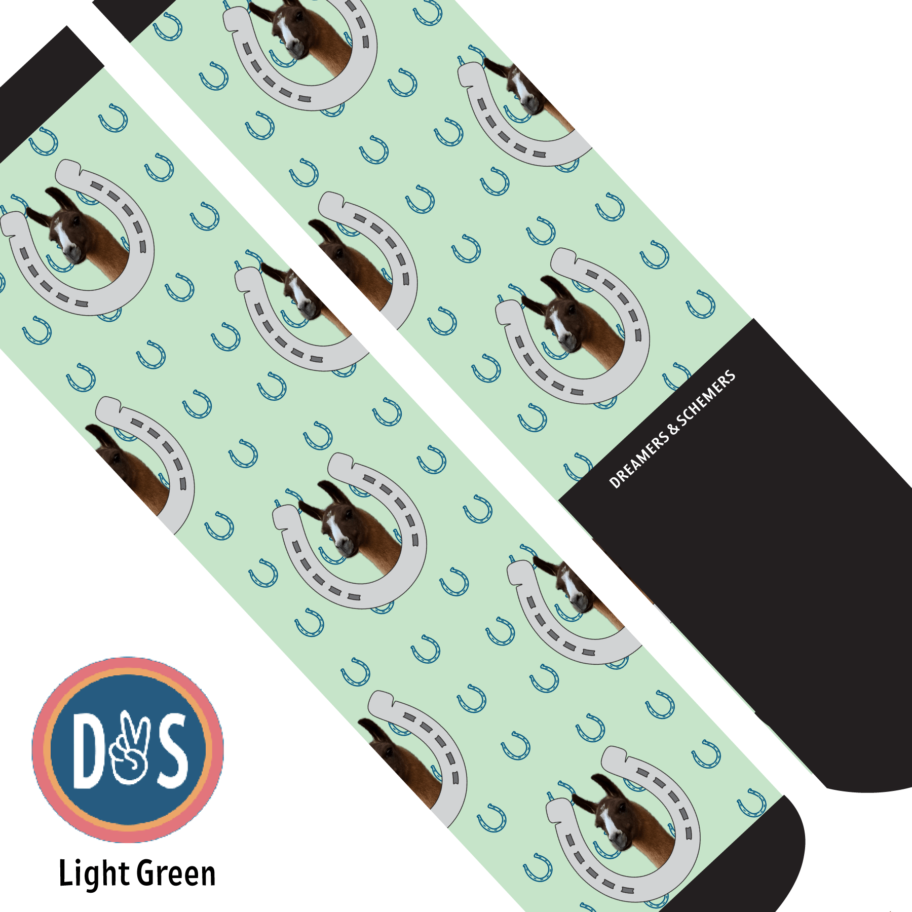 Custom AL Custom Socks Adult / Light Green Custom Horseshoe with Blue Horseshoes Socks 1 Photo equestrian boot socks boot socks thin socks riding socks pattern socks tall socks funny socks knee high socks horse socks horse show socks