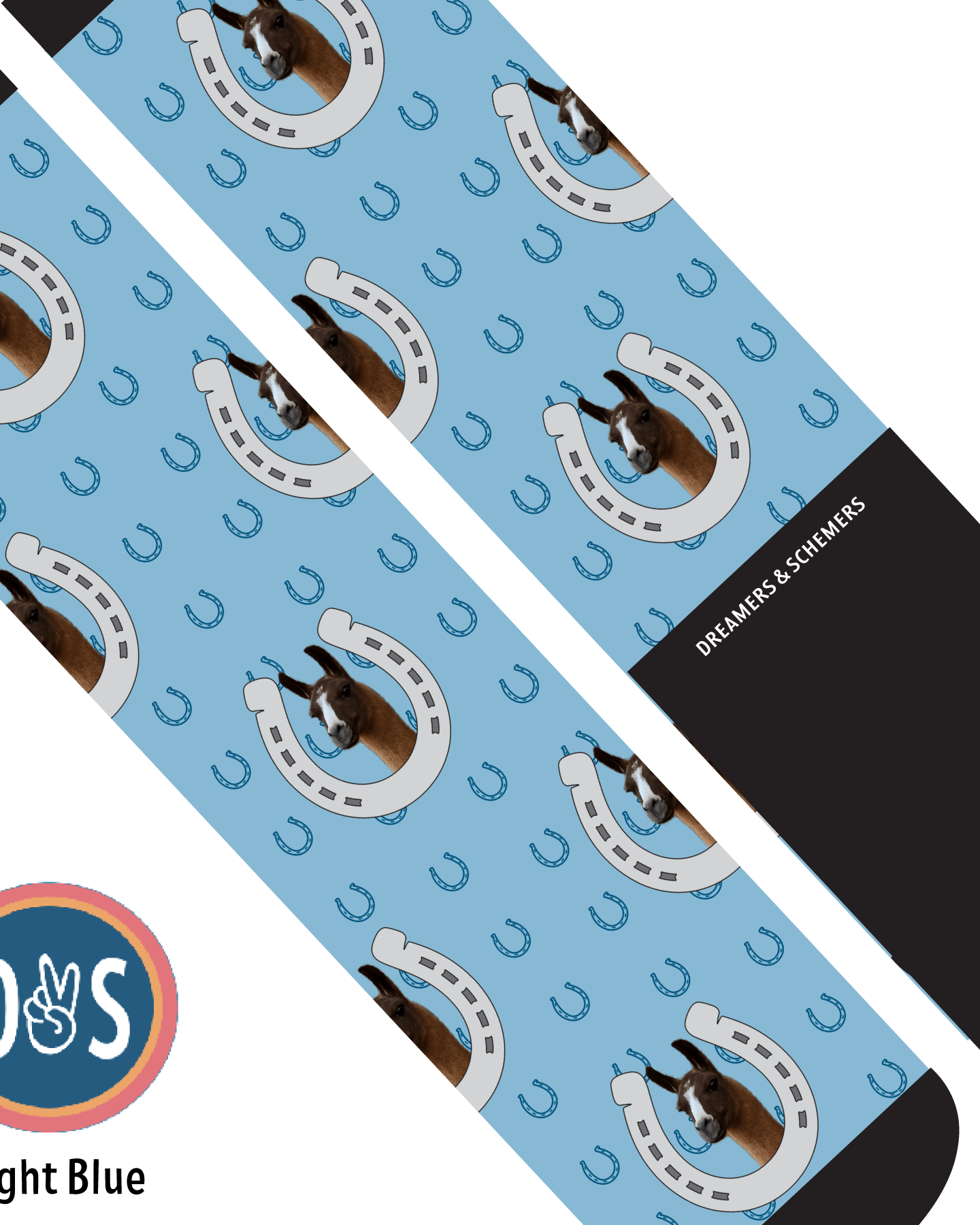 Custom AL Custom Socks Adult / Light Blue Custom Horseshoe with Blue Horseshoes Socks 1 Photo equestrian boot socks boot socks thin socks riding socks pattern socks tall socks funny socks knee high socks horse socks horse show socks