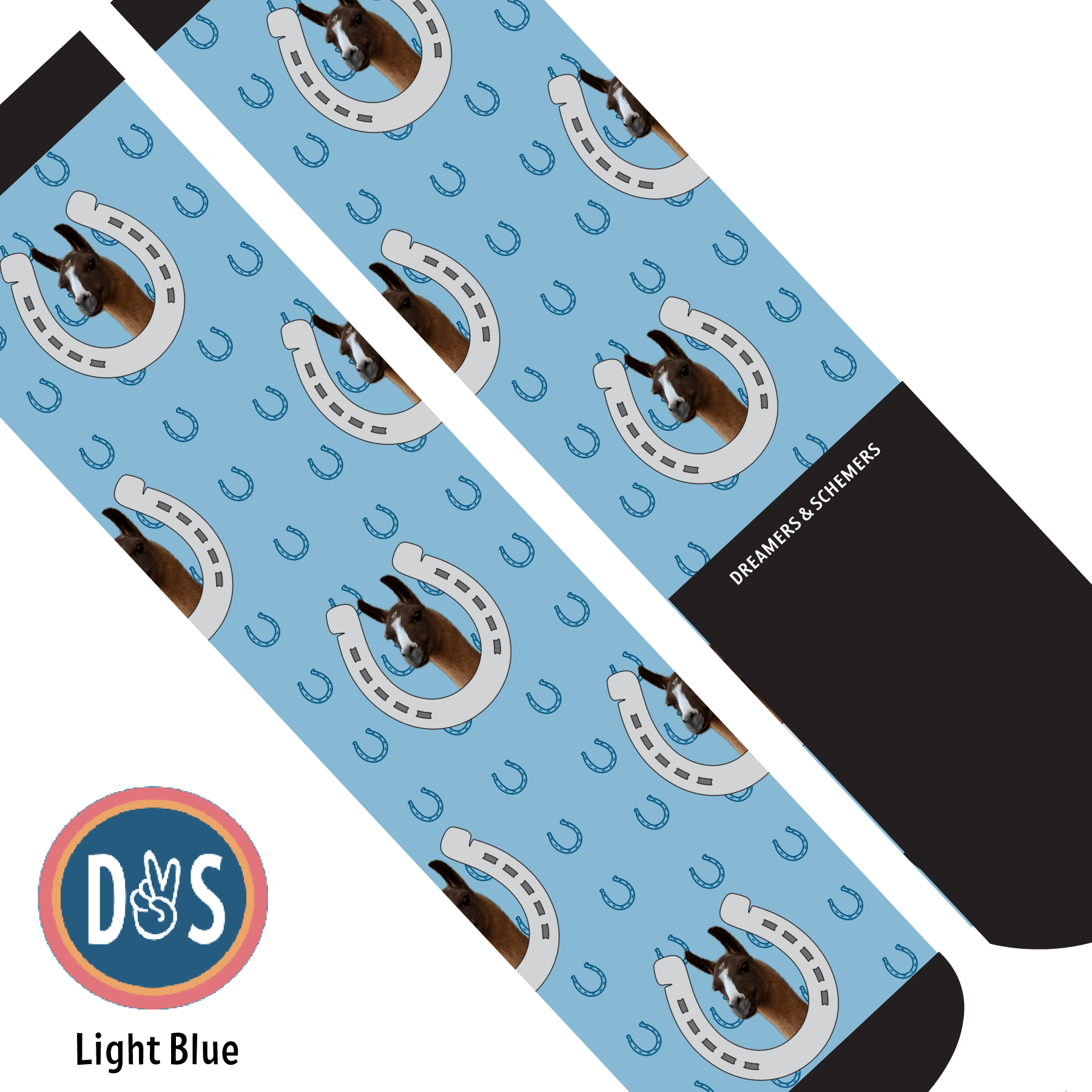 Custom AL Custom Socks Adult / Light Blue Custom Horseshoe with Blue Horseshoes Socks 1 Photo equestrian boot socks boot socks thin socks riding socks pattern socks tall socks funny socks knee high socks horse socks horse show socks
