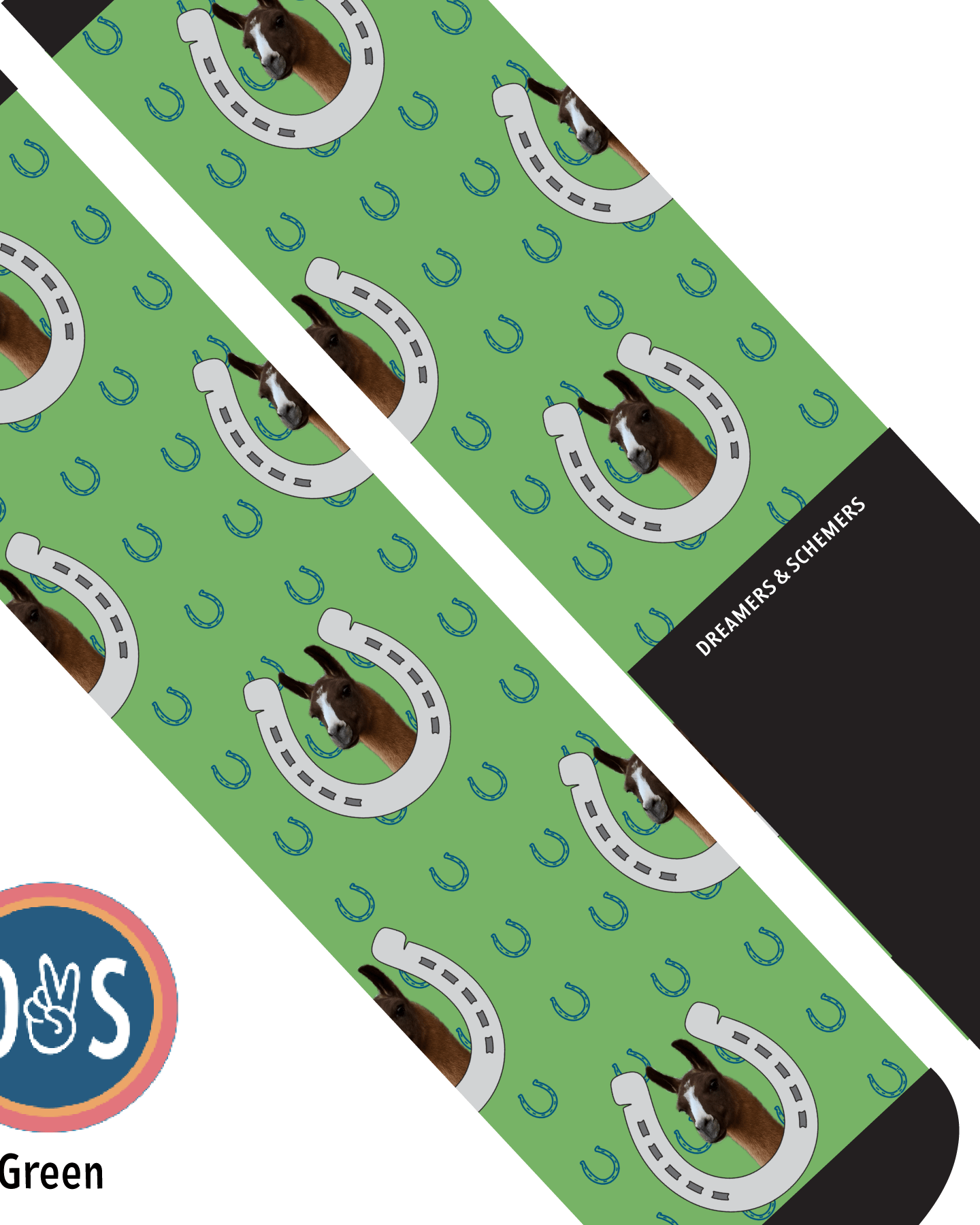 Custom AL Custom Socks Adult / Green Custom Horseshoe with Blue Horseshoes Socks 1 Photo equestrian boot socks boot socks thin socks riding socks pattern socks tall socks funny socks knee high socks horse socks horse show socks