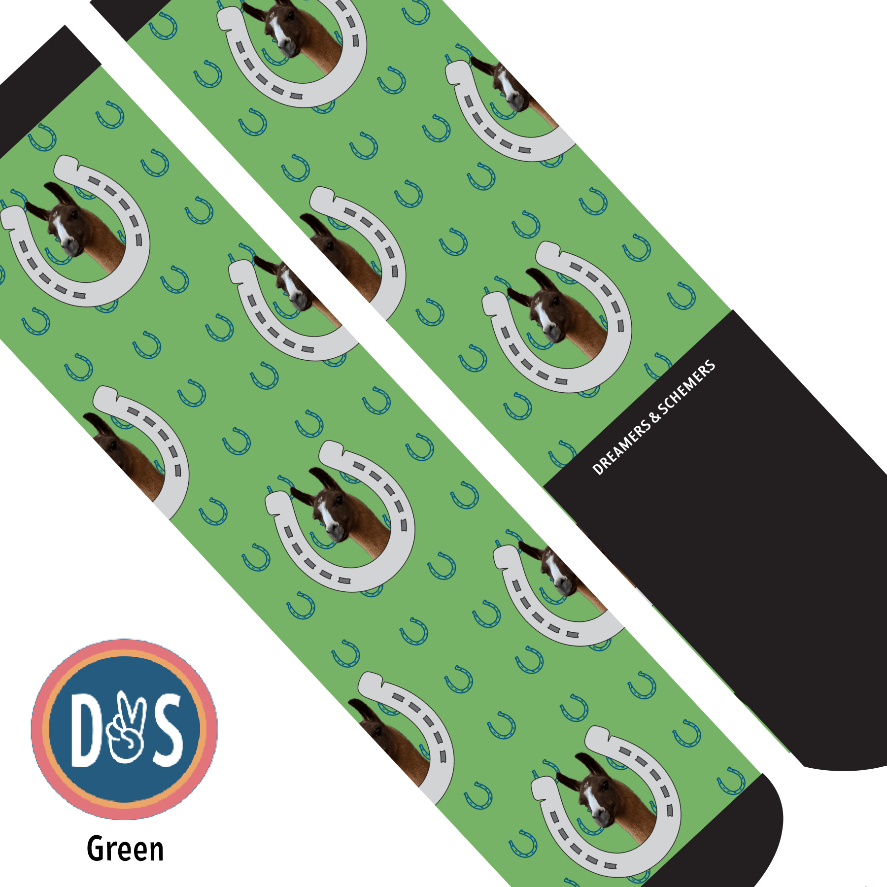 Custom AL Custom Socks Adult / Green Custom Horseshoe with Blue Horseshoes Socks 1 Photo equestrian boot socks boot socks thin socks riding socks pattern socks tall socks funny socks knee high socks horse socks horse show socks