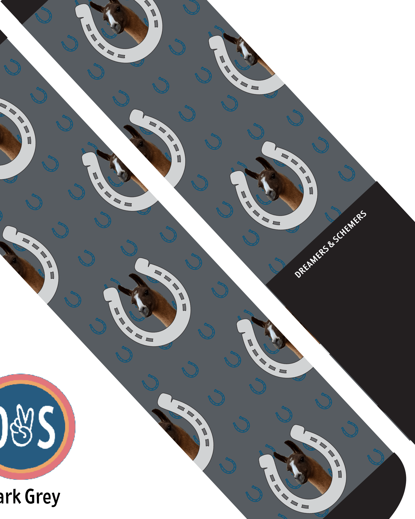 Custom AL Custom Socks Adult / Dark Grey Custom Horseshoe with Blue Horseshoes Socks 1 Photo equestrian boot socks boot socks thin socks riding socks pattern socks tall socks funny socks knee high socks horse socks horse show socks