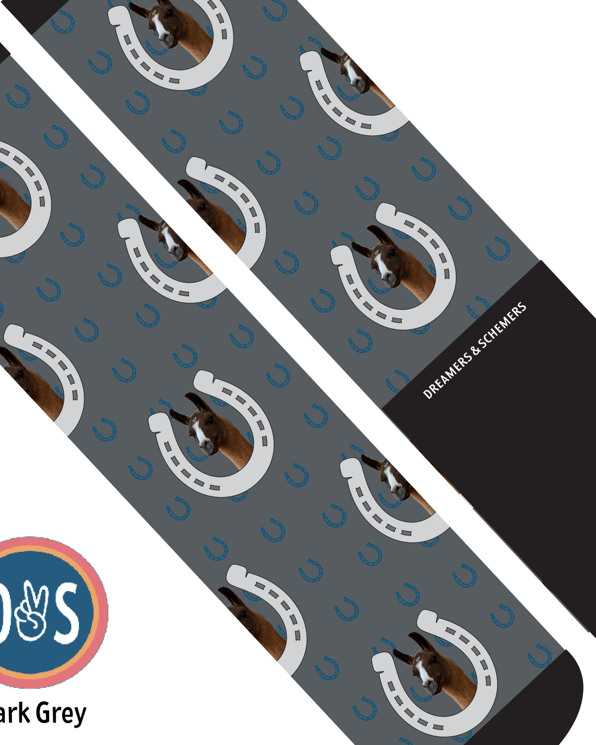 Horseshoe Bonanza custom photo equestrian boot socks, showing the full pattern layout