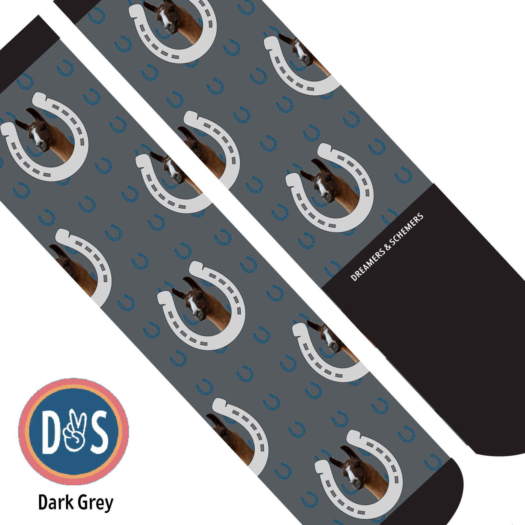 Custom AL Custom Socks Adult / Dark Grey Custom Horseshoe with Blue Horseshoes Socks 1 Photo equestrian boot socks boot socks thin socks riding socks pattern socks tall socks funny socks knee high socks horse socks horse show socks