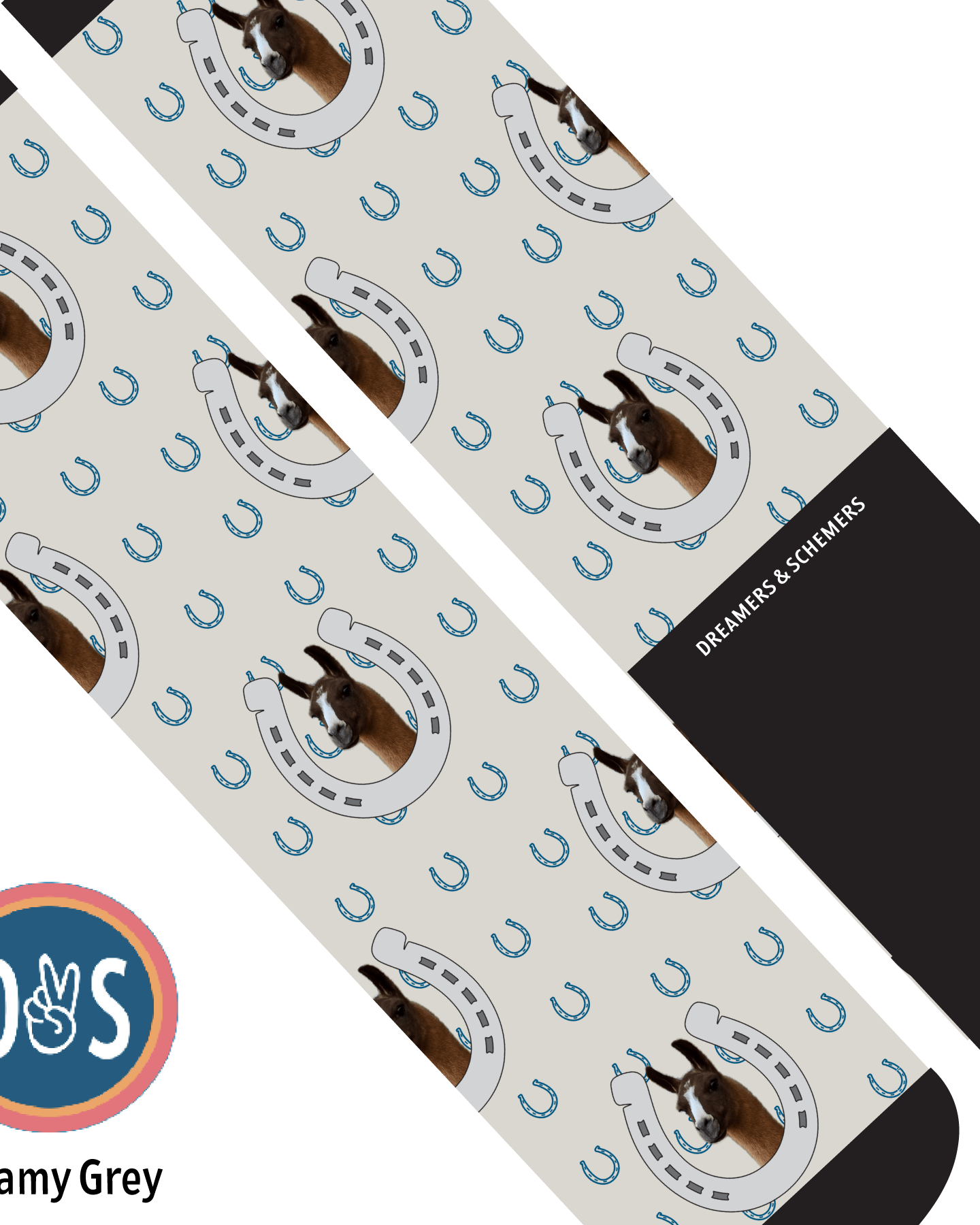 Custom AL Custom Socks Adult / Creamy Grey Custom Horseshoe with Blue Horseshoes Socks 1 Photo equestrian boot socks boot socks thin socks riding socks pattern socks tall socks funny socks knee high socks horse socks horse show socks