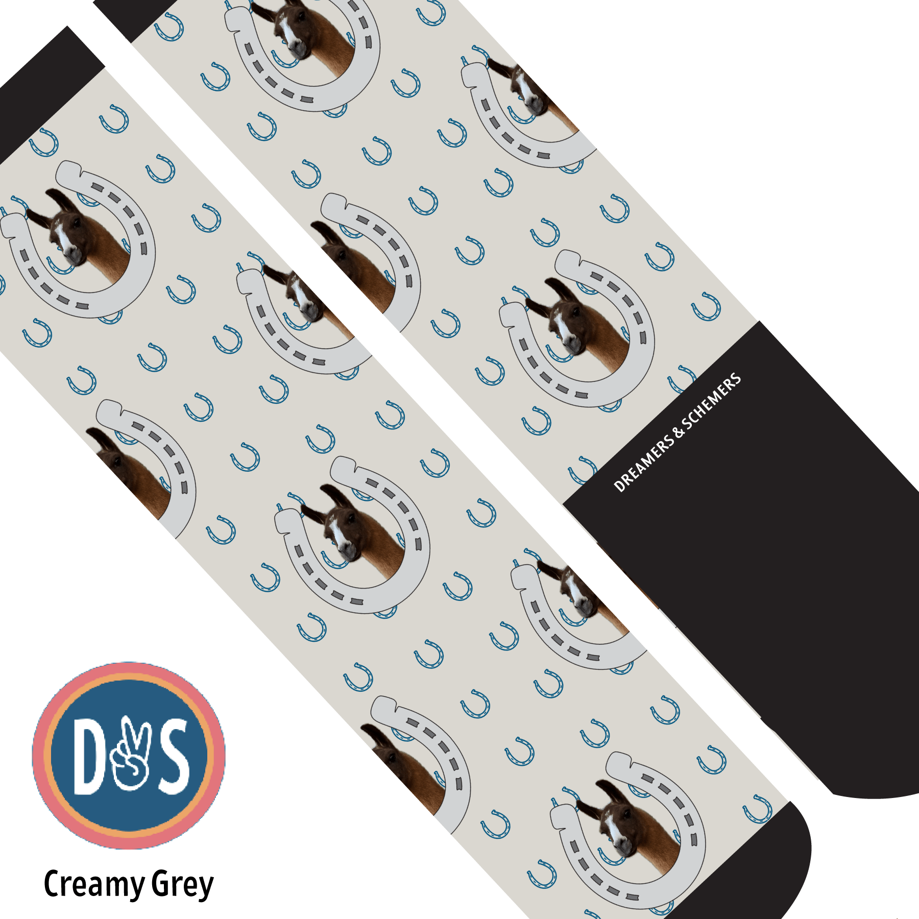 Custom AL Custom Socks Adult / Creamy Grey Custom Horseshoe with Blue Horseshoes Socks 1 Photo equestrian boot socks boot socks thin socks riding socks pattern socks tall socks funny socks knee high socks horse socks horse show socks