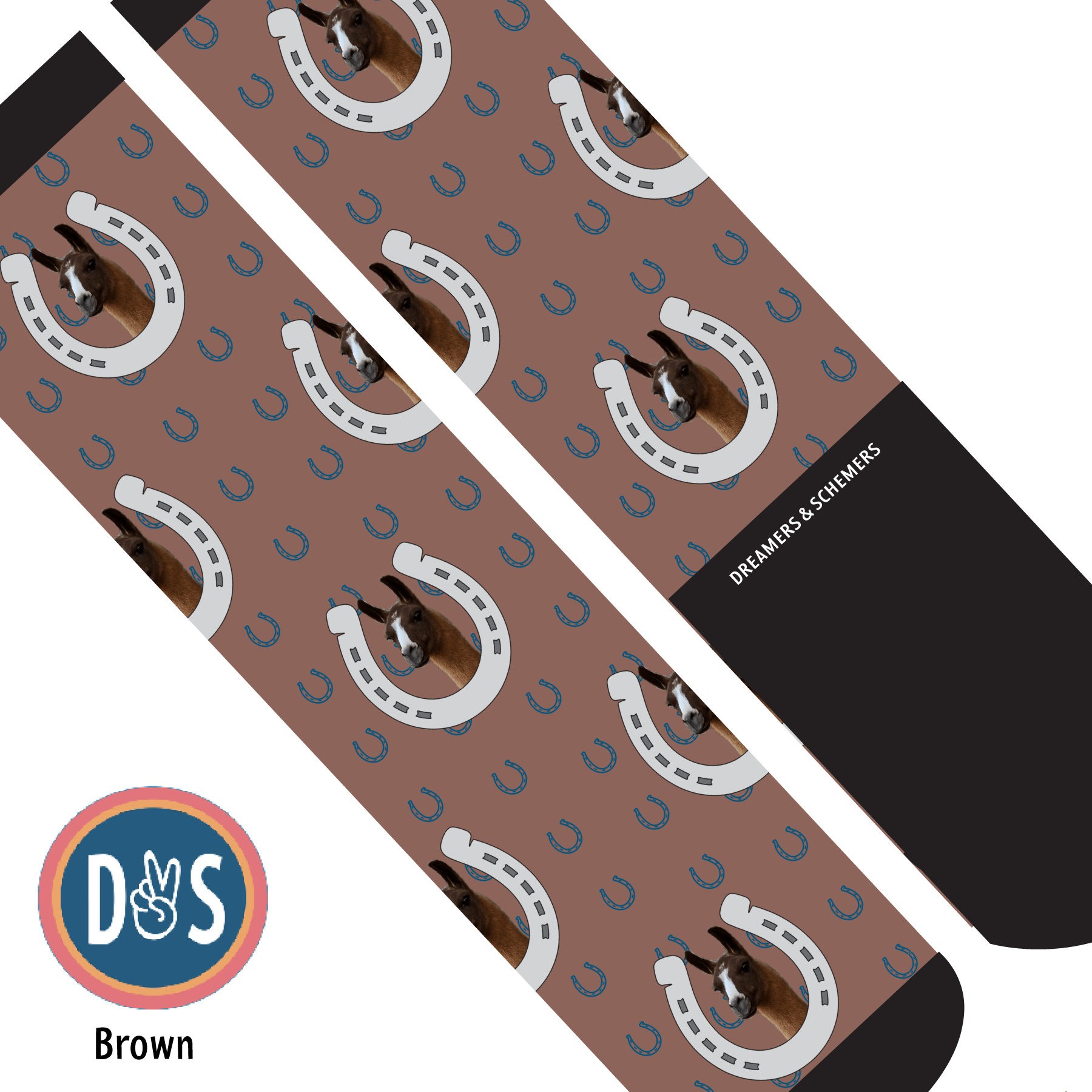 Custom AL Custom Socks Adult / Brown Custom Horseshoe with Blue Horseshoes Socks 1 Photo equestrian boot socks boot socks thin socks riding socks pattern socks tall socks funny socks knee high socks horse socks horse show socks