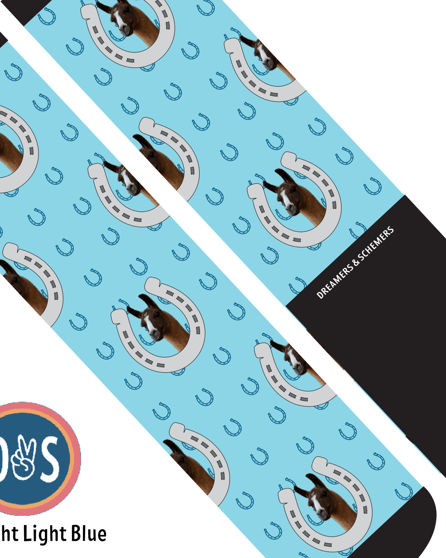 Custom AL Custom Socks Adult / Bright Light Blue Custom Horseshoe with Blue Horseshoes Socks 1 Photo equestrian boot socks boot socks thin socks riding socks pattern socks tall socks funny socks knee high socks horse socks horse show socks