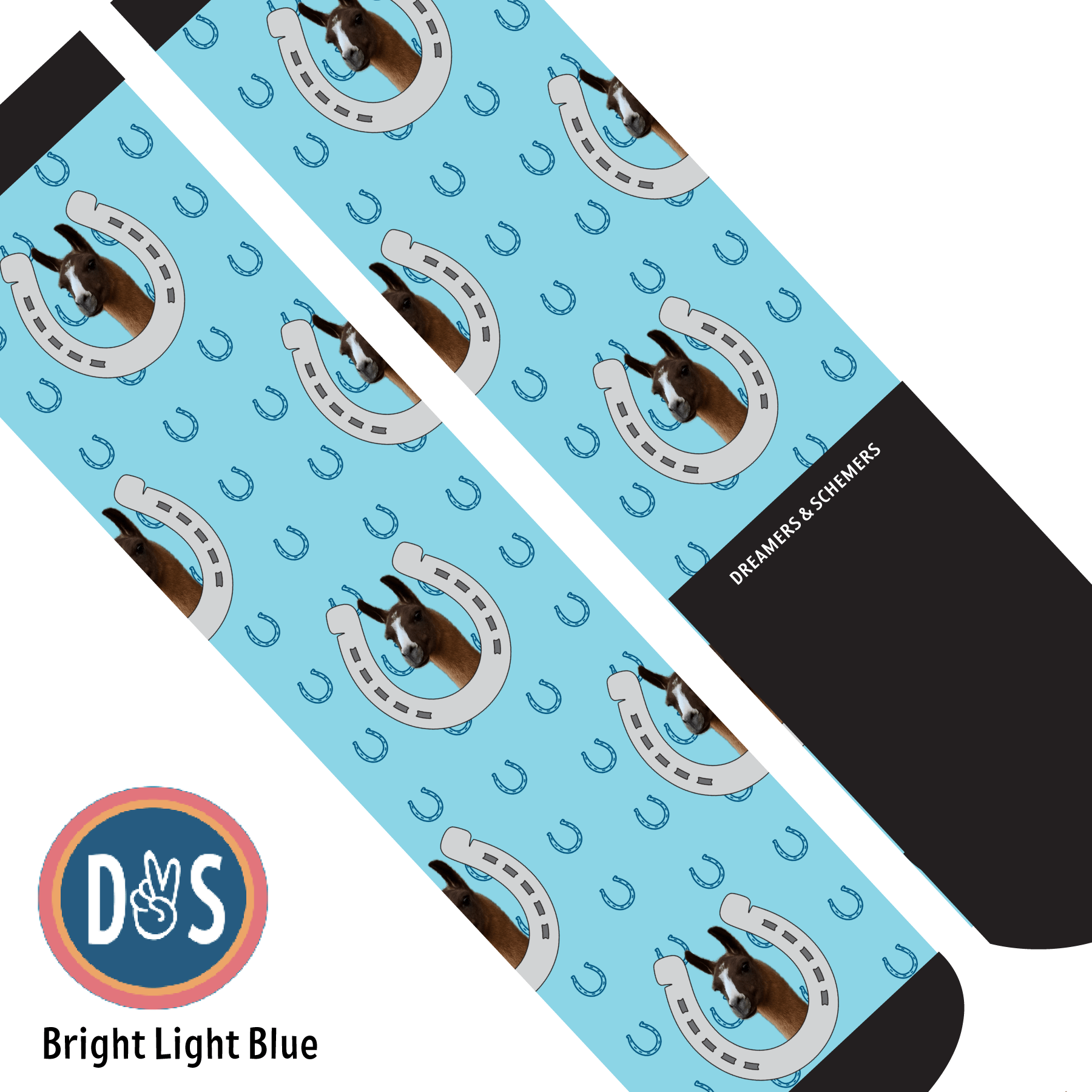 Custom AL Custom Socks Adult / Bright Light Blue Custom Horseshoe with Blue Horseshoes Socks 1 Photo equestrian boot socks boot socks thin socks riding socks pattern socks tall socks funny socks knee high socks horse socks horse show socks