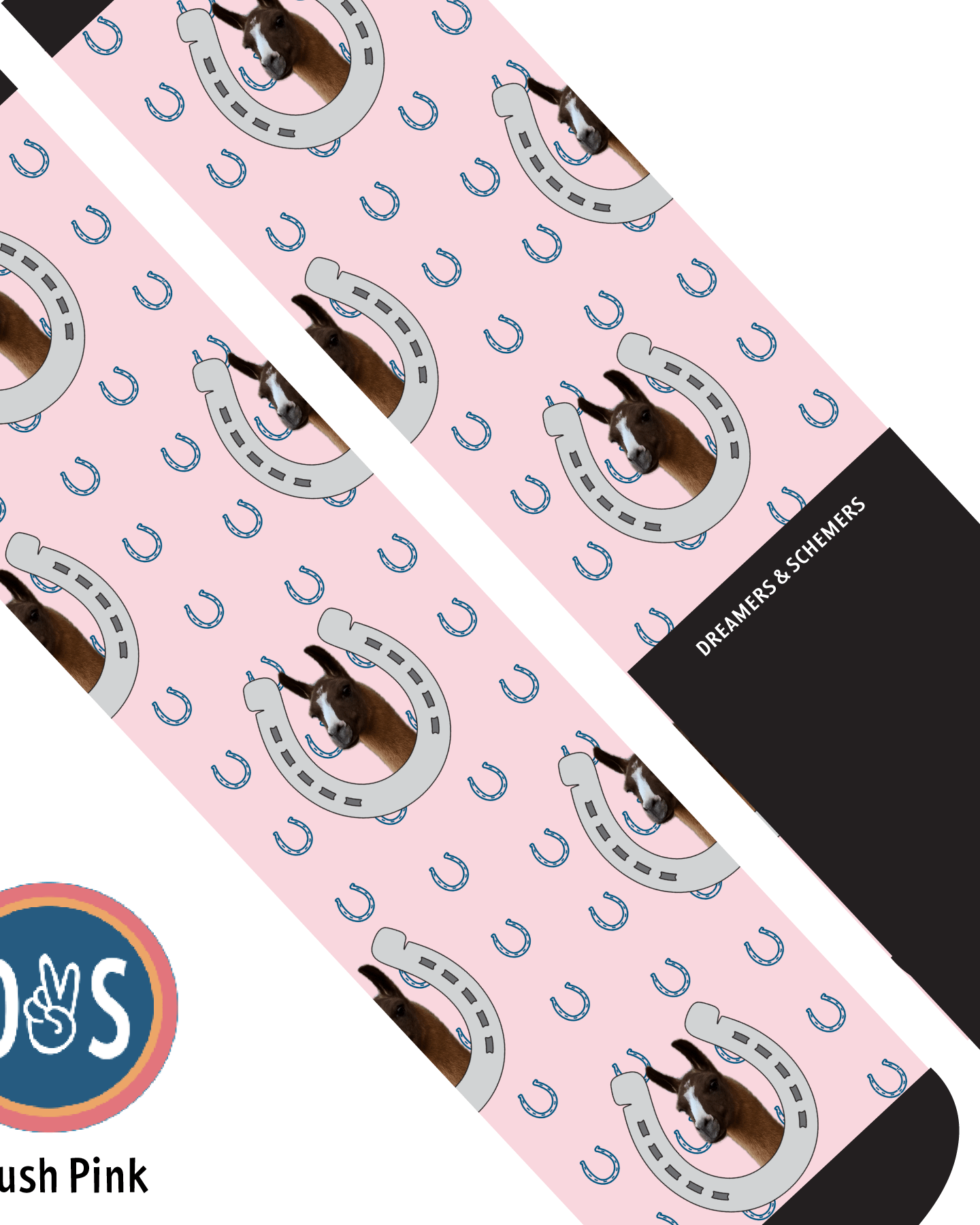 Custom AL Custom Socks Adult / Blush Pink Custom Horseshoe with Blue Horseshoes Socks 1 Photo equestrian boot socks boot socks thin socks riding socks pattern socks tall socks funny socks knee high socks horse socks horse show socks