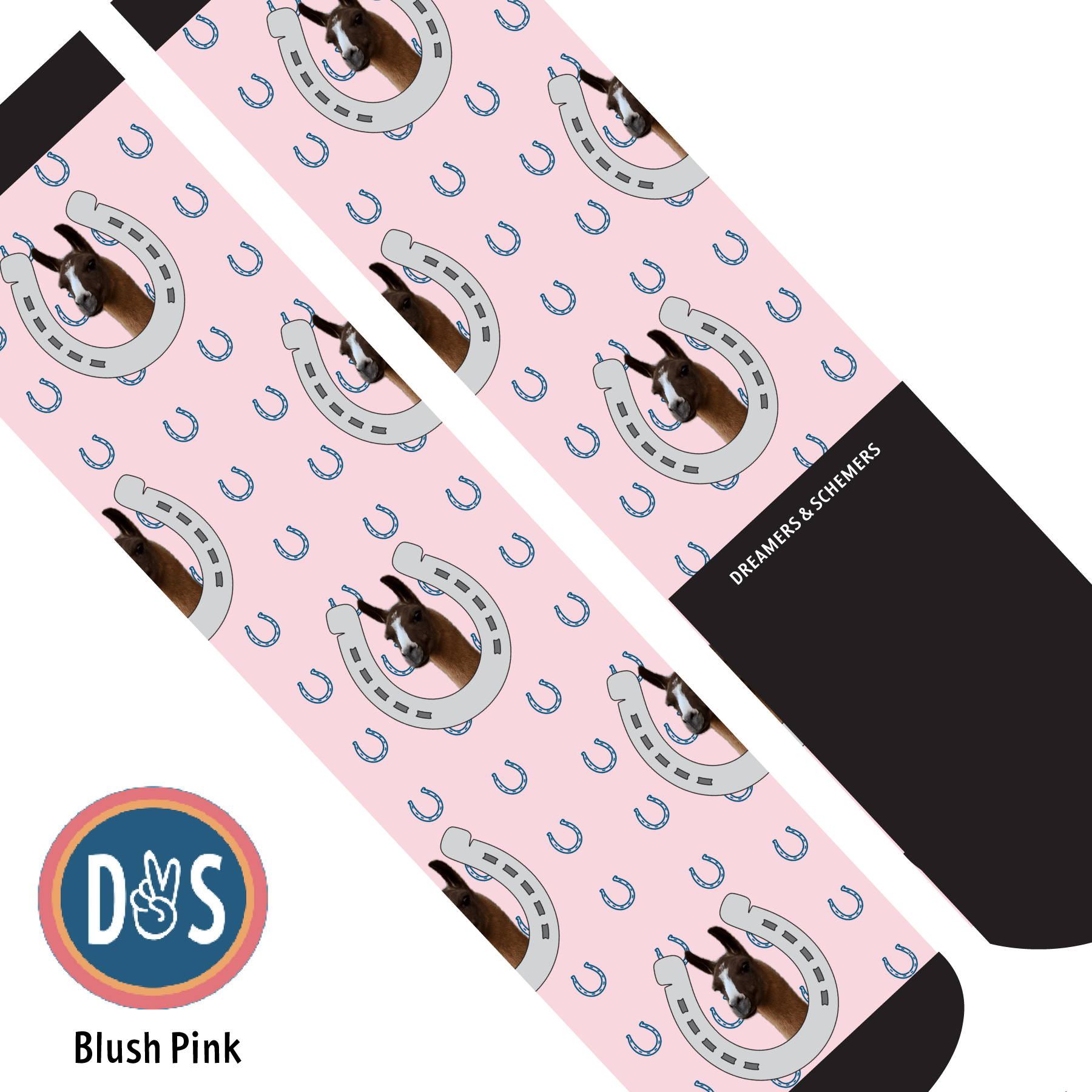 Custom AL Custom Socks Adult / Blush Pink Custom Horseshoe with Blue Horseshoes Socks 1 Photo equestrian boot socks boot socks thin socks riding socks pattern socks tall socks funny socks knee high socks horse socks horse show socks