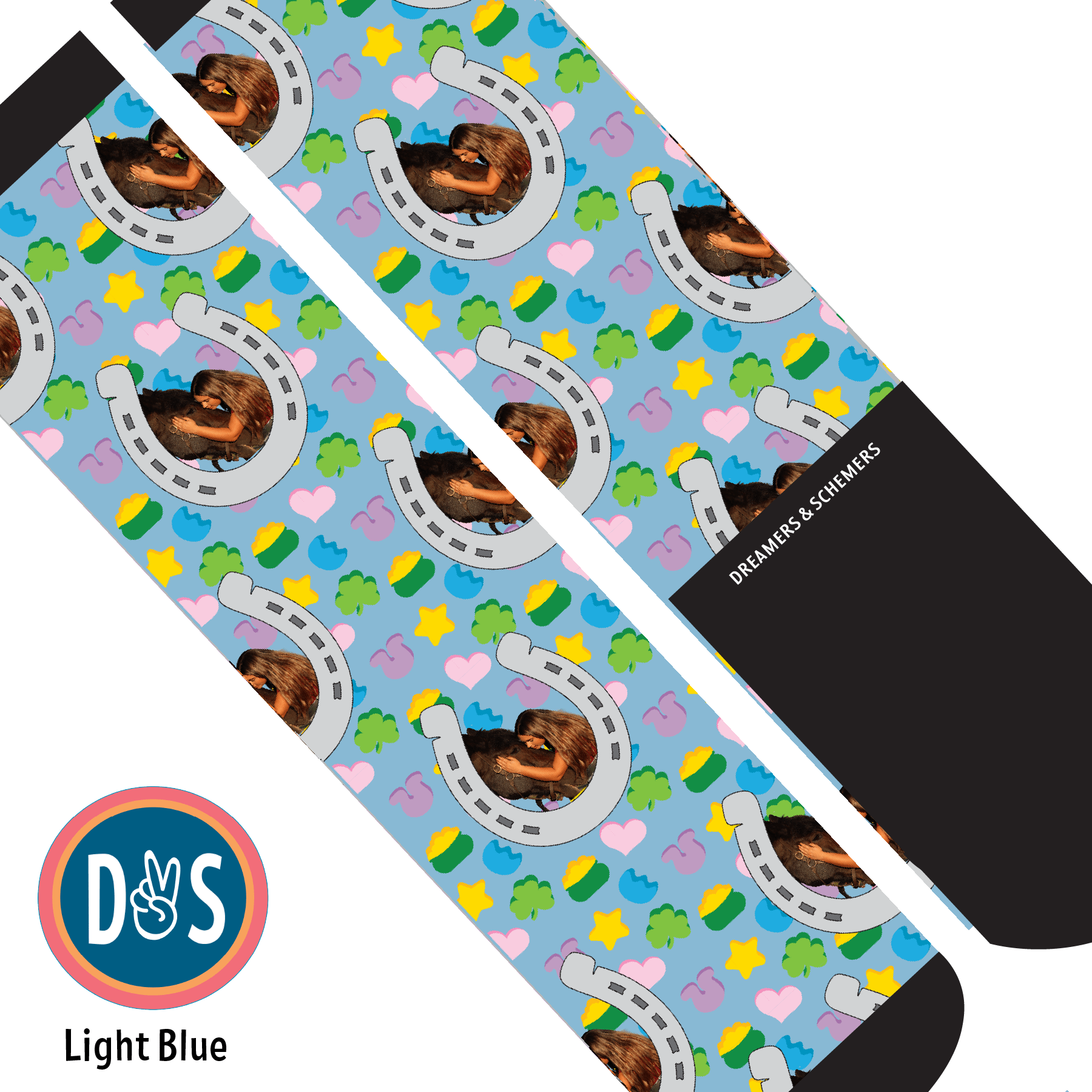 Custom AL Custom Socks Adult / Light Blue Custom Horseshoe with Lucky Treats Socks 1 Photo equestrian boot socks boot socks thin socks riding socks pattern socks tall socks funny socks knee high socks horse socks horse show socks