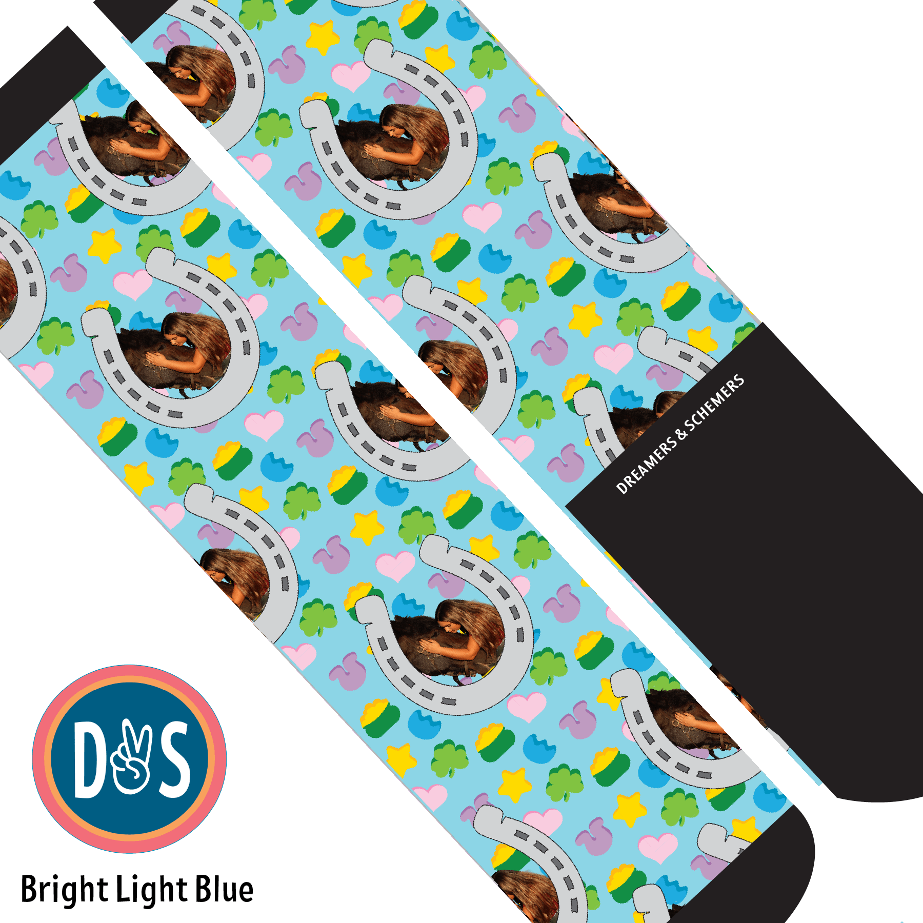 Custom AL Custom Socks Adult / Bright Light Blue Custom Horseshoe with Lucky Treats Socks 1 Photo equestrian boot socks boot socks thin socks riding socks pattern socks tall socks funny socks knee high socks horse socks horse show socks