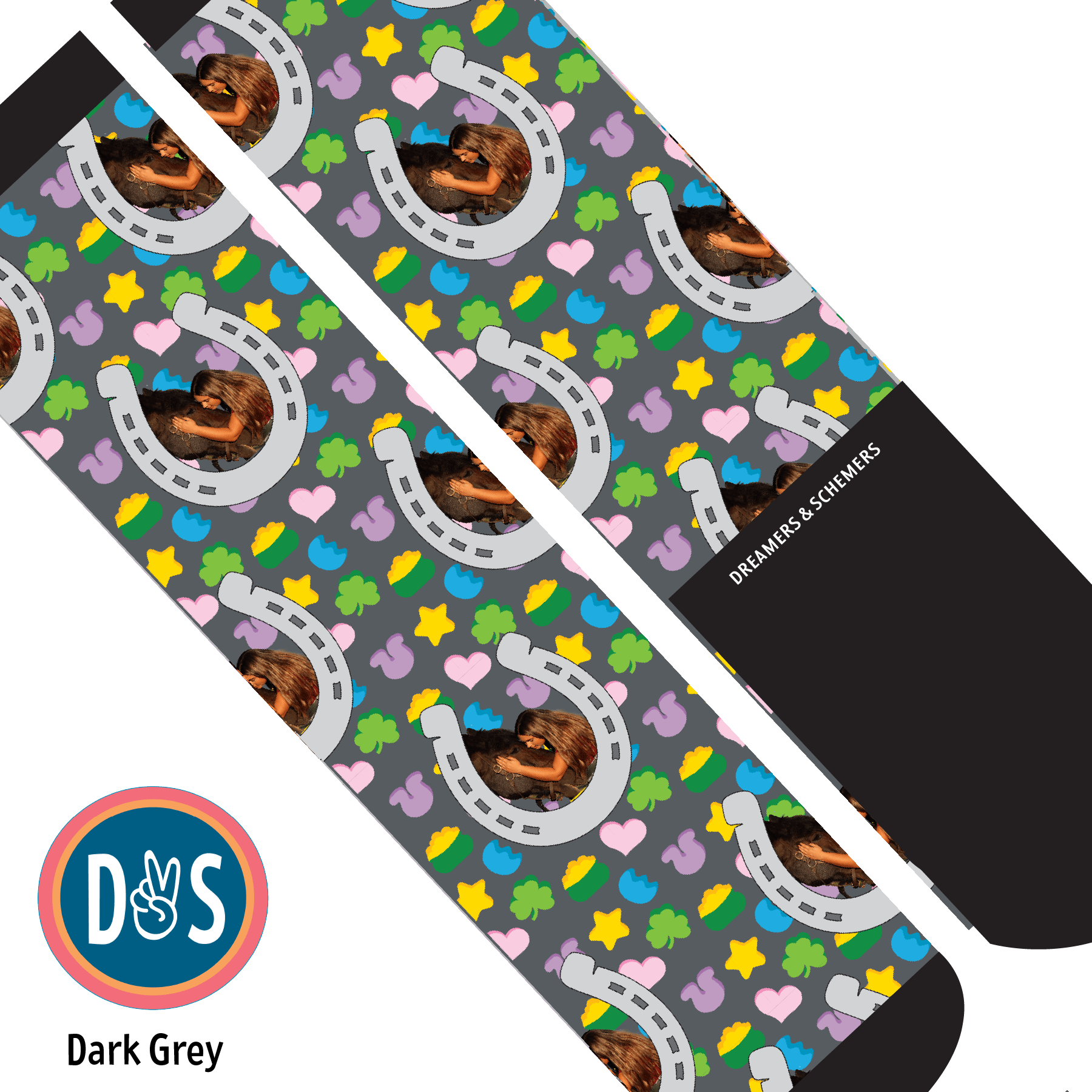 Custom AL Custom Socks Adult / Dark Grey Custom Horseshoe with Lucky Treats Socks 1 Photo equestrian boot socks boot socks thin socks riding socks pattern socks tall socks funny socks knee high socks horse socks horse show socks