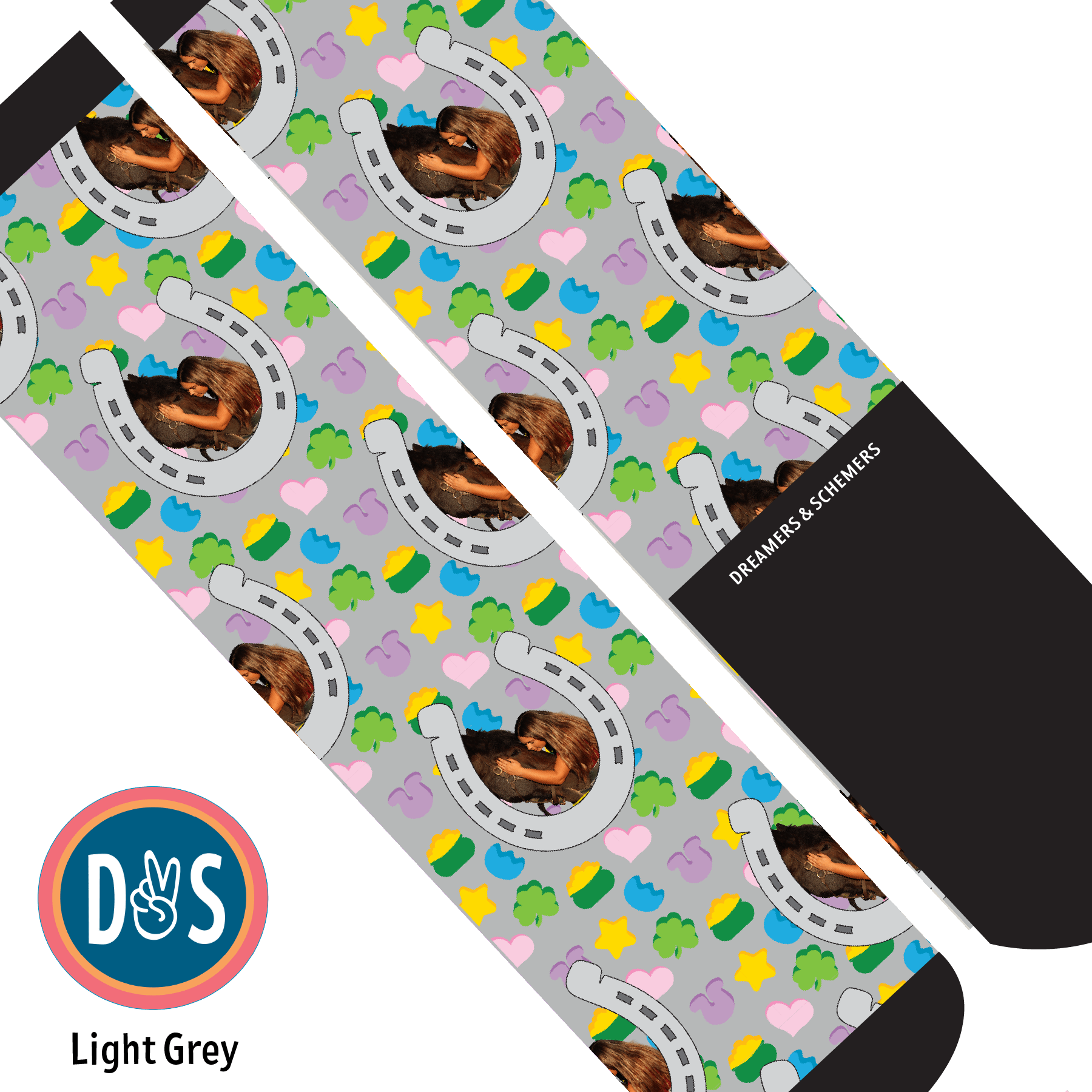 Custom AL Custom Socks Adult / Light Grey Custom Horseshoe with Lucky Treats Socks 1 Photo equestrian boot socks boot socks thin socks riding socks pattern socks tall socks funny socks knee high socks horse socks horse show socks