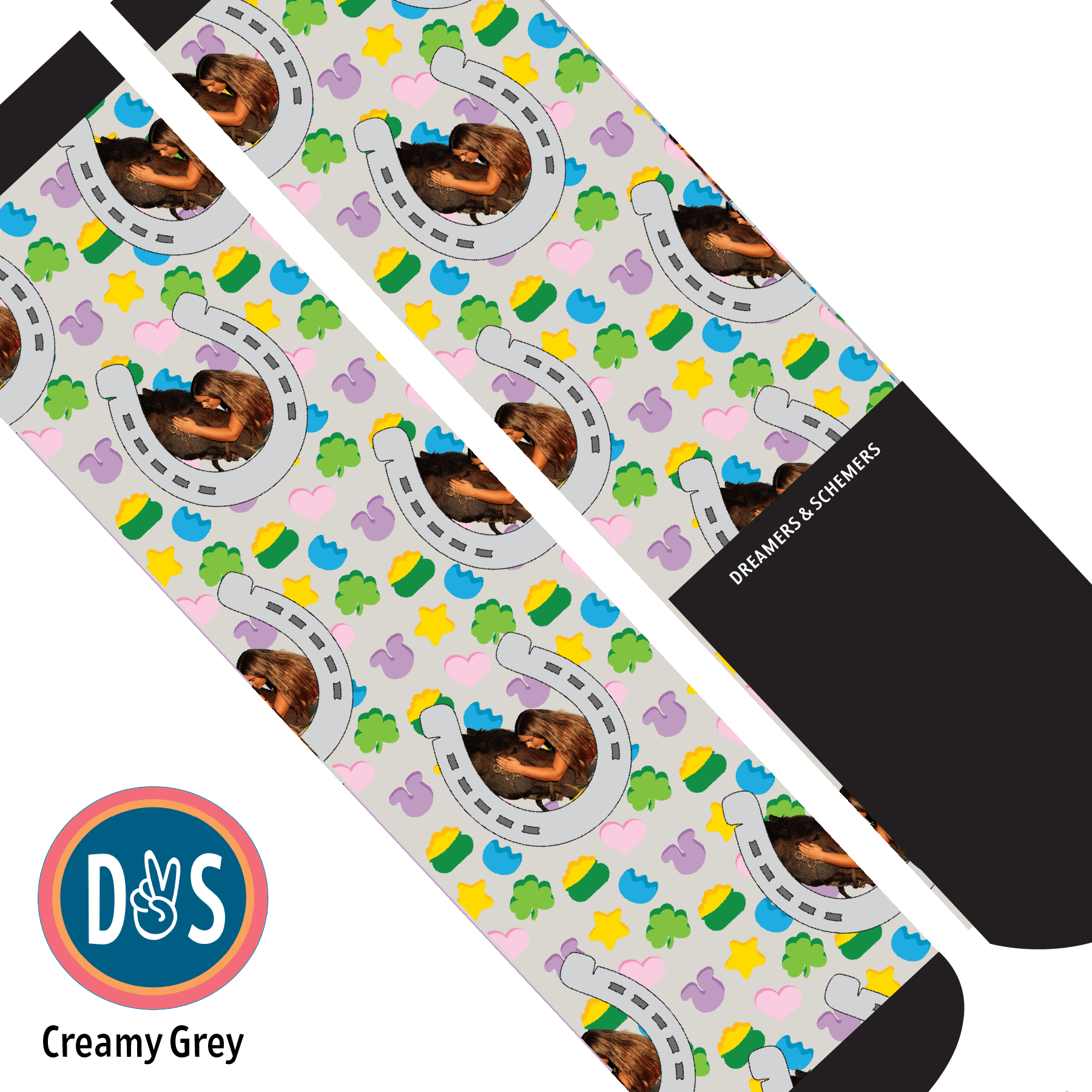 Custom AL Custom Socks Adult / Creamy Grey Custom Horseshoe with Lucky Treats Socks 1 Photo equestrian boot socks boot socks thin socks riding socks pattern socks tall socks funny socks knee high socks horse socks horse show socks