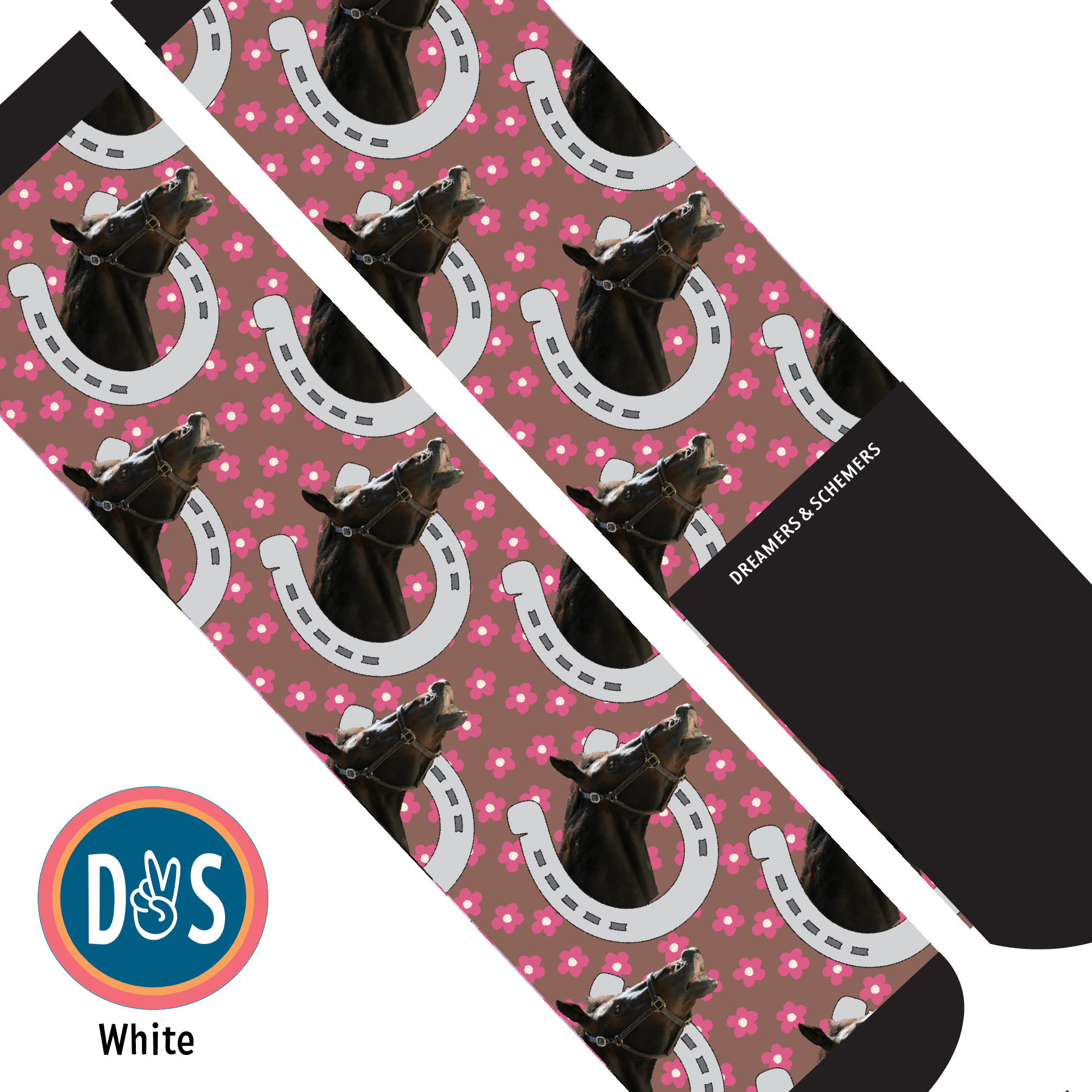 Custom AL Custom Socks Adult / Brown Custom Horseshoe with Pinky Petals Socks 1 Photo equestrian boot socks boot socks thin socks riding socks pattern socks tall socks funny socks knee high socks horse socks horse show socks