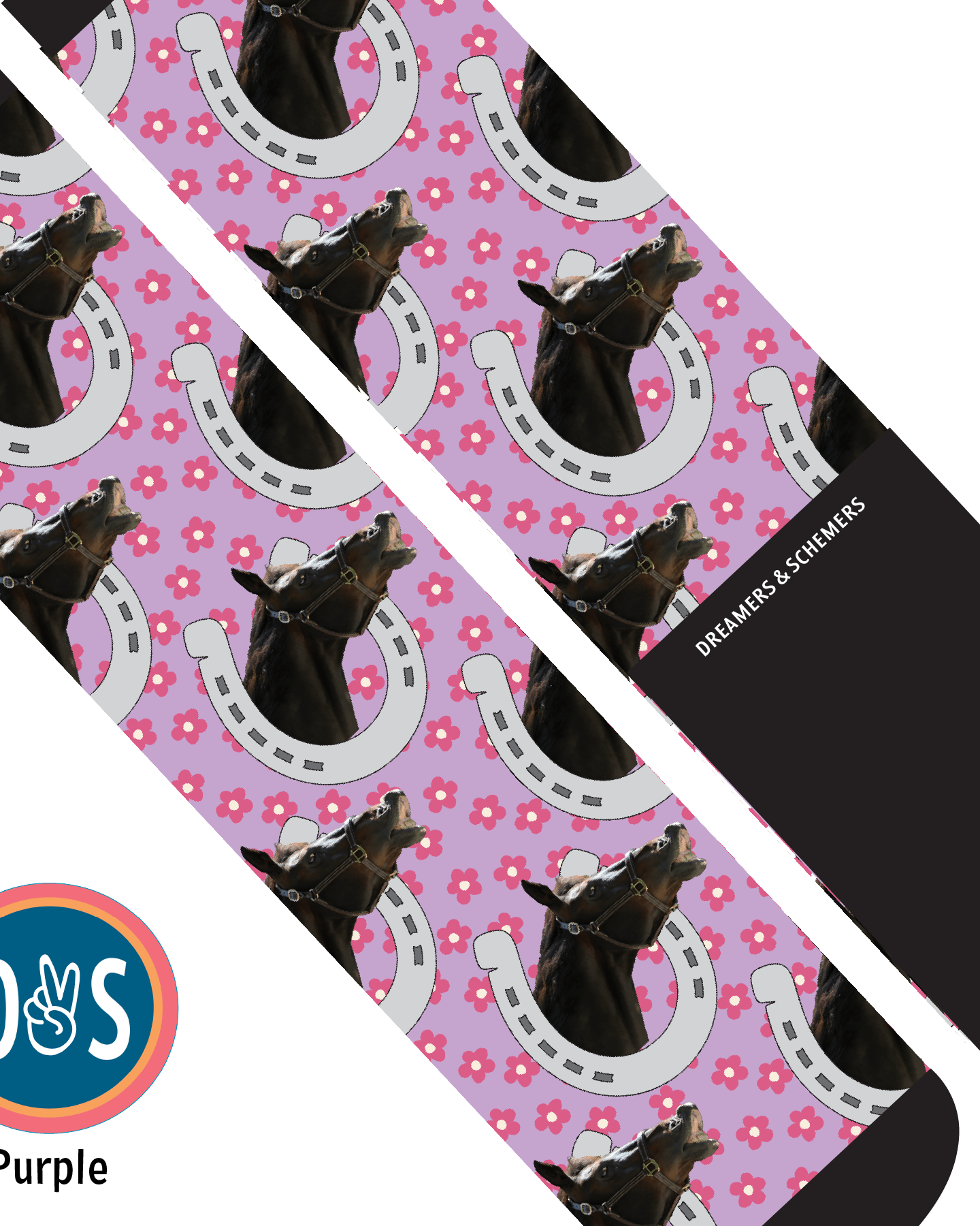 Custom AL Custom Socks Adult / Purple Custom Horseshoe with Pinky Petals Socks 1 Photo equestrian boot socks boot socks thin socks riding socks pattern socks tall socks funny socks knee high socks horse socks horse show socks