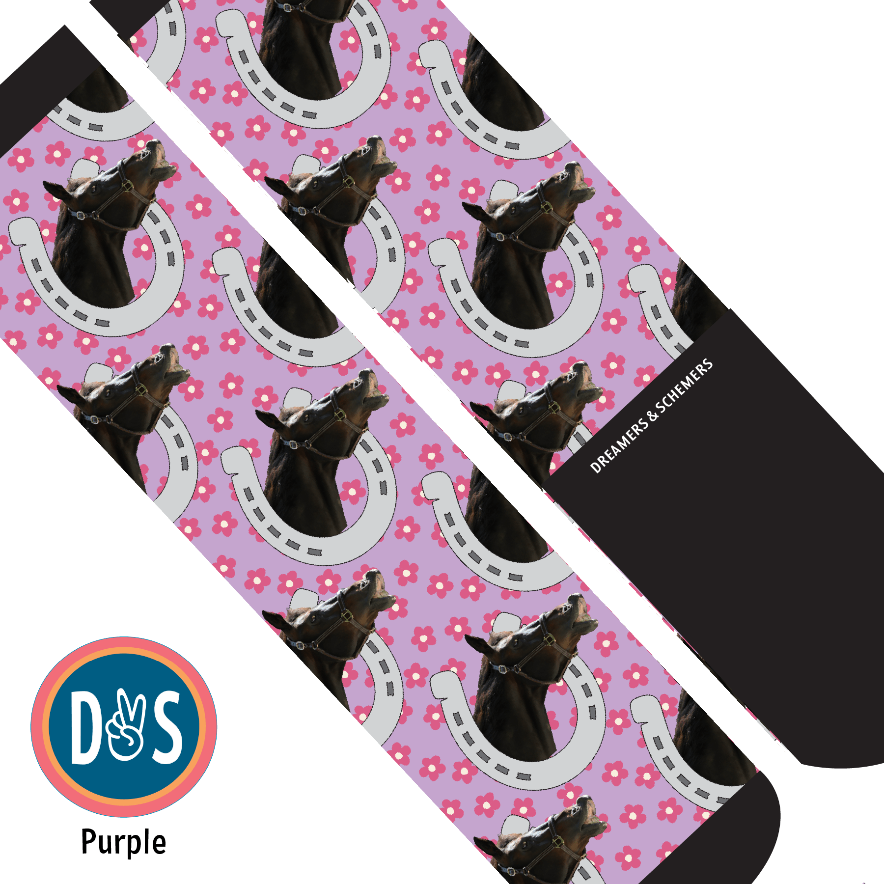 Custom AL Custom Socks Adult / Purple Custom Horseshoe with Pinky Petals Socks 1 Photo equestrian boot socks boot socks thin socks riding socks pattern socks tall socks funny socks knee high socks horse socks horse show socks