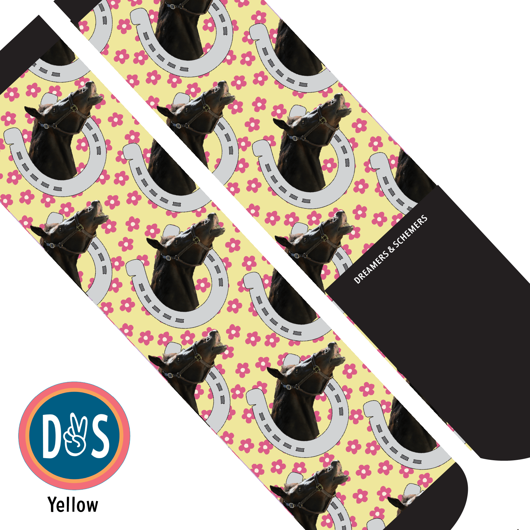 Custom AL Custom Socks Adult / Yellow Custom Horseshoe with Pinky Petals Socks 1 Photo equestrian boot socks boot socks thin socks riding socks pattern socks tall socks funny socks knee high socks horse socks horse show socks