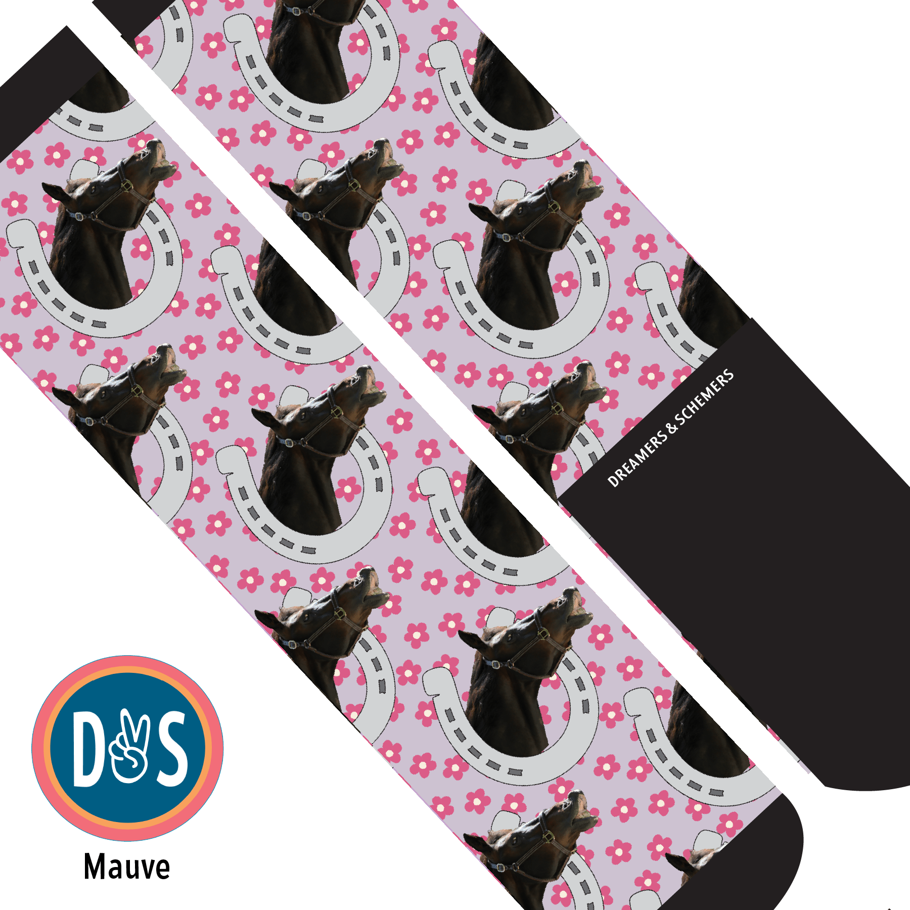 Custom AL Custom Socks Adult / Mauve Custom Horseshoe with Pinky Petals Socks 1 Photo equestrian boot socks boot socks thin socks riding socks pattern socks tall socks funny socks knee high socks horse socks horse show socks