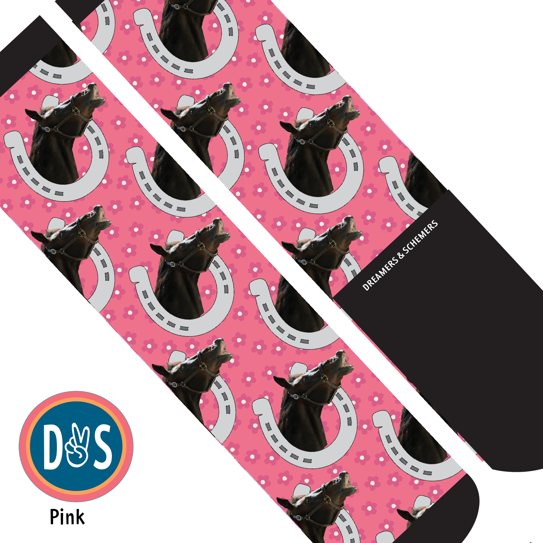 Custom AL Custom Socks Adult / Pink Custom Horseshoe with Pinky Petals Socks 1 Photo equestrian boot socks boot socks thin socks riding socks pattern socks tall socks funny socks knee high socks horse socks horse show socks