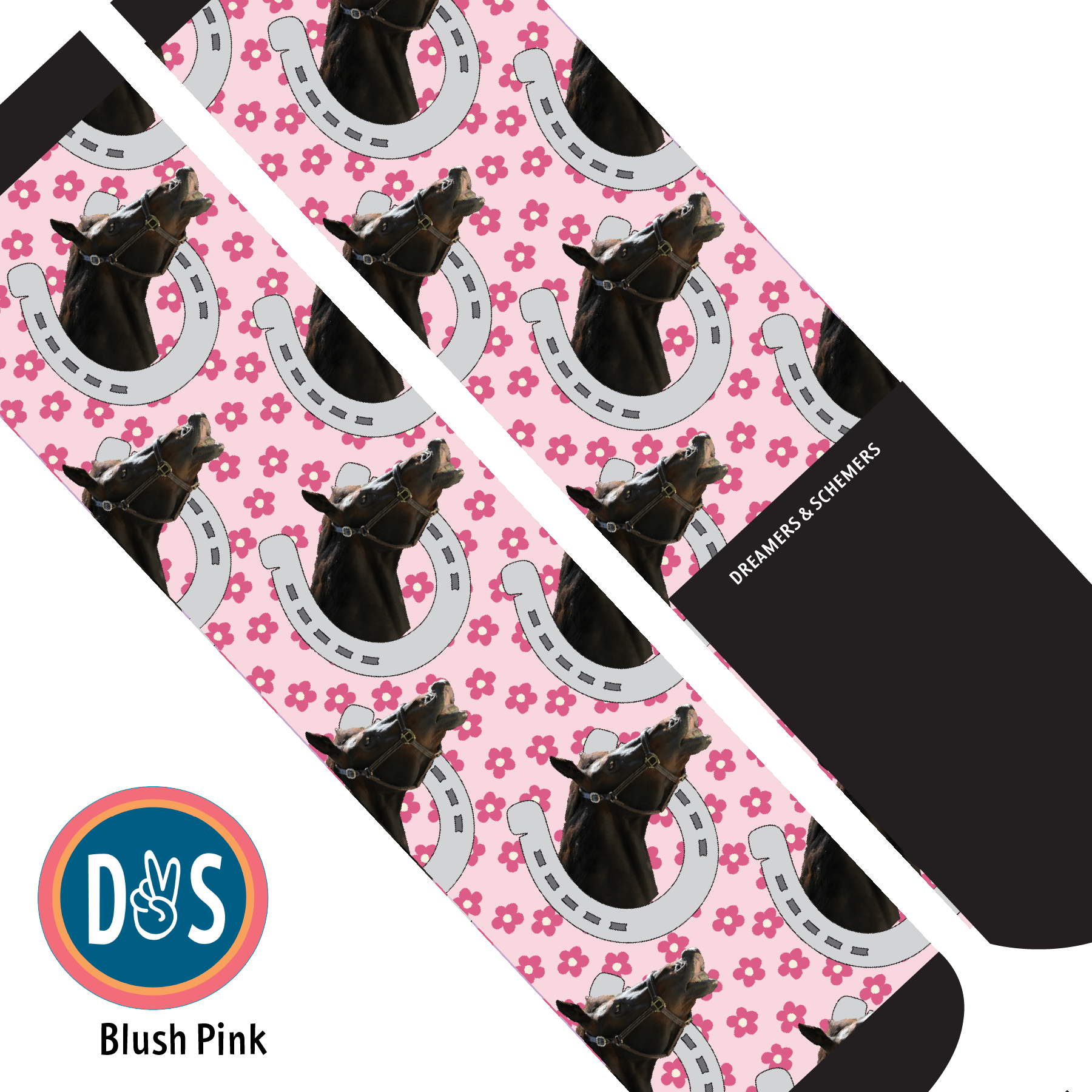 Custom AL Custom Socks Adult / Blush Pink Custom Horseshoe with Pinky Petals Socks 1 Photo equestrian boot socks boot socks thin socks riding socks pattern socks tall socks funny socks knee high socks horse socks horse show socks