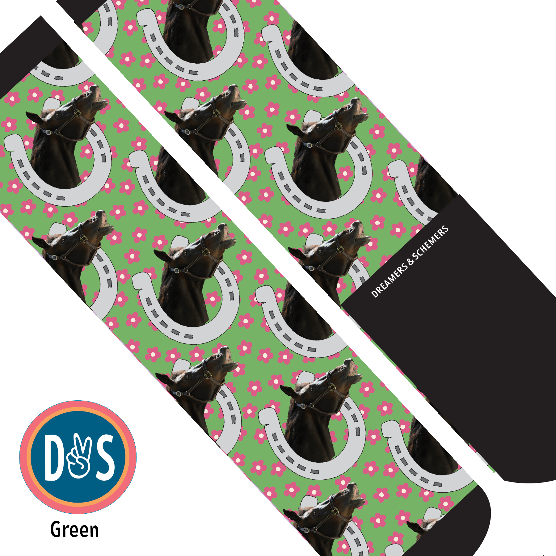 Custom AL Custom Socks Adult / Green Custom Horseshoe with Pinky Petals Socks 1 Photo equestrian boot socks boot socks thin socks riding socks pattern socks tall socks funny socks knee high socks horse socks horse show socks